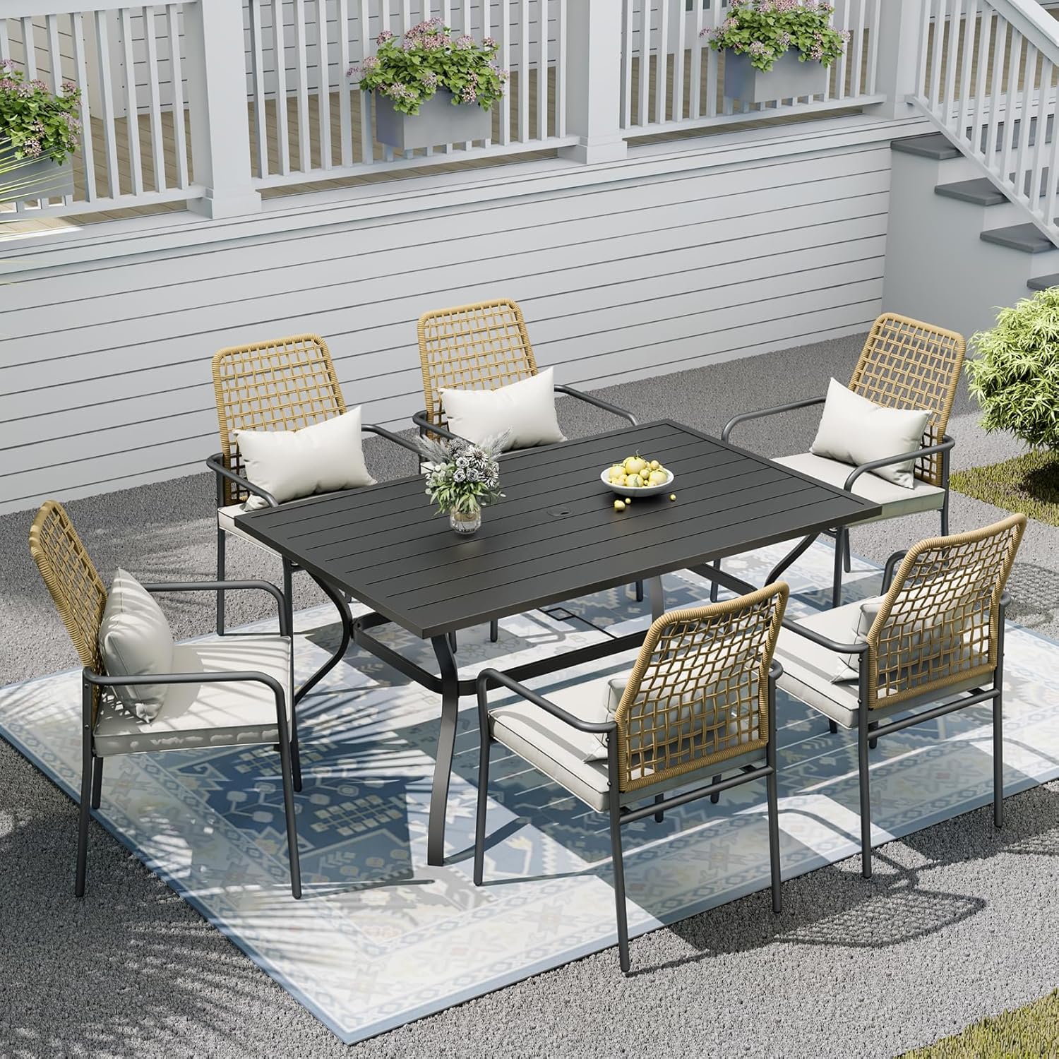Patio Dining Set,Including 60"x 38" Steel Slat Table and 6 Stackable Chairs,Outdoor Furniture Set with 1.6" Umbrella Hole for All Weather