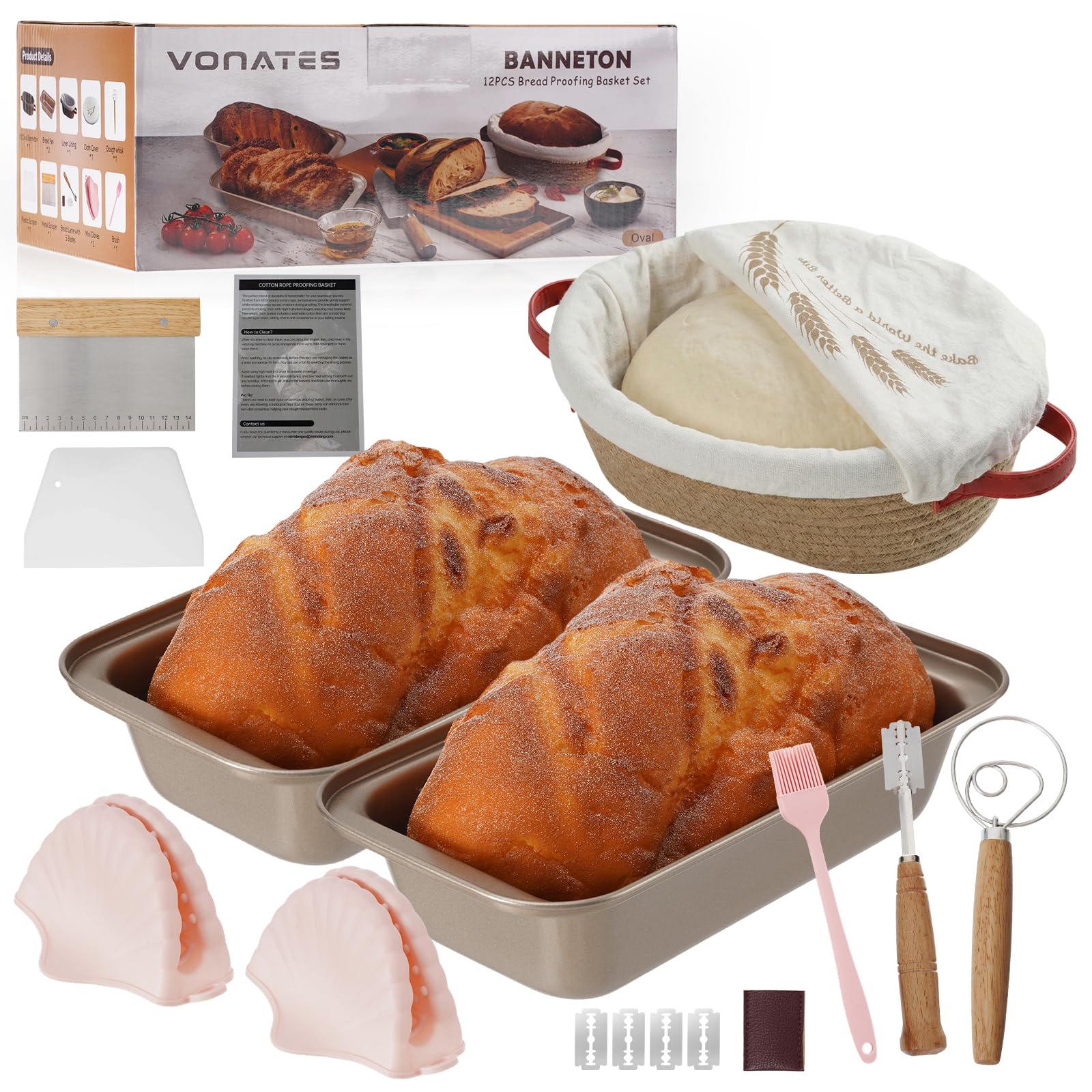 VONATES Sourdough Starter Kit, 12 PCS Bread Making Kit โ 10" Oval Bread Proofing Basket with Liner, Cover, Dough Whisk, Scrapers, Bread Lame, Tins, Brush & Mitts โ Starter Kit & Gift for Home Bakers