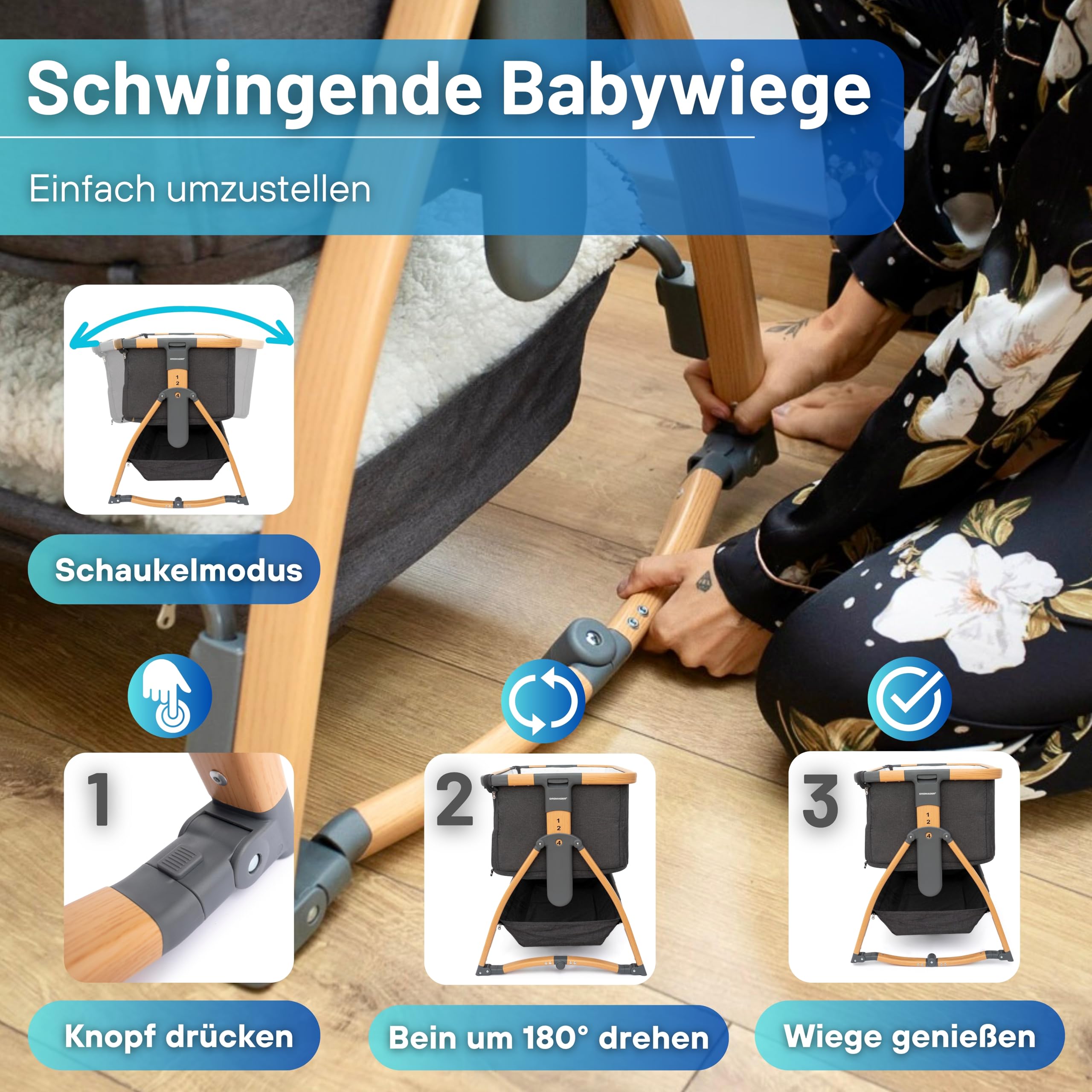 DROMADER Beistellbett Baby 3in1 - Babybett, Babywippe, Reisebett Baby mit Matratze, 0–6 Monate, max 9kg – Stubenwagen mit 7 Höhenverstellungen, Wiegefunktion, Atmungsaktives Netz – Tragetasche