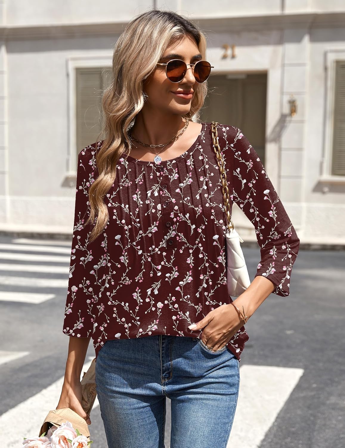 Zeagoo 3/4 Length Sleeve Womens Tops Round Neck Casual Summer Tunic Tops Basic Tees Blouses Dressy T-Shirts Pleated Shirts - Image 4