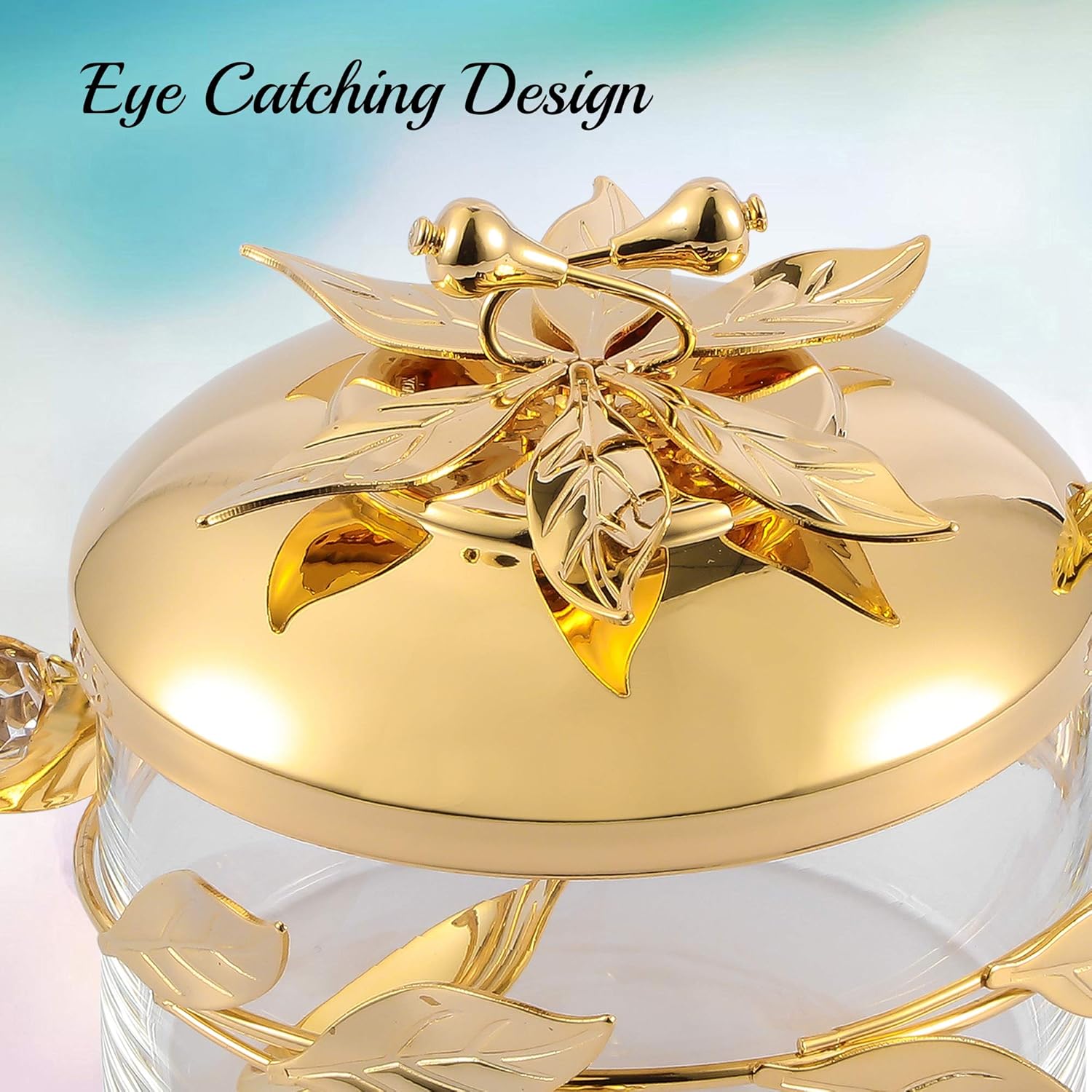 Matashi 24K Gold Plated Sugar Bowl, Honey Dish, Candy Glass Bowl – Flower & Vine Design with Spoon – Mother’s Day, Birthday, Anniversary, Christmas - Gift for Mom, Wife, Aunt, Grandma