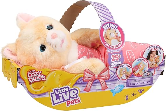 Little Live Pets Cozy Dozys Ginger The Pet Cat Toy, Interactive Plush Electronic Cat with 25+ Sounds, Soft Bedtime Kitty Toys for Kids of Ages 4+