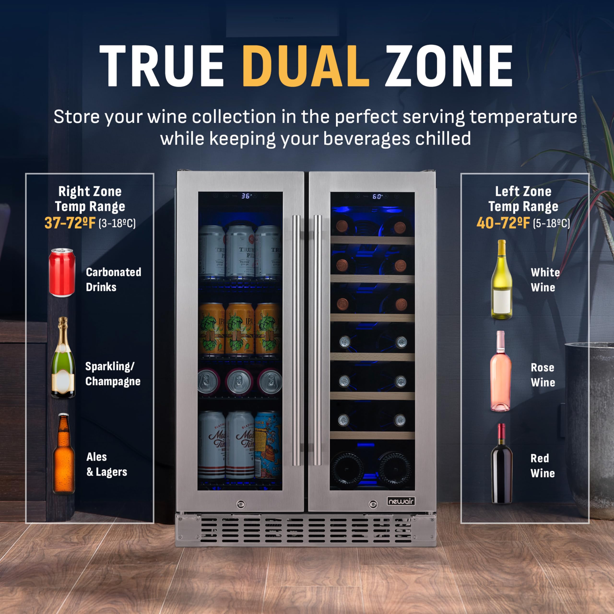 NewAir 24" Dual Zone Beverage Refrigerator & Wine Cooler For 18 Bottles & 60 Cans | Freestanding Or Built-In Under Counter Mini Fridge For Beer, Wine And Soda | Stainless Steel on Fridge.com - View 6