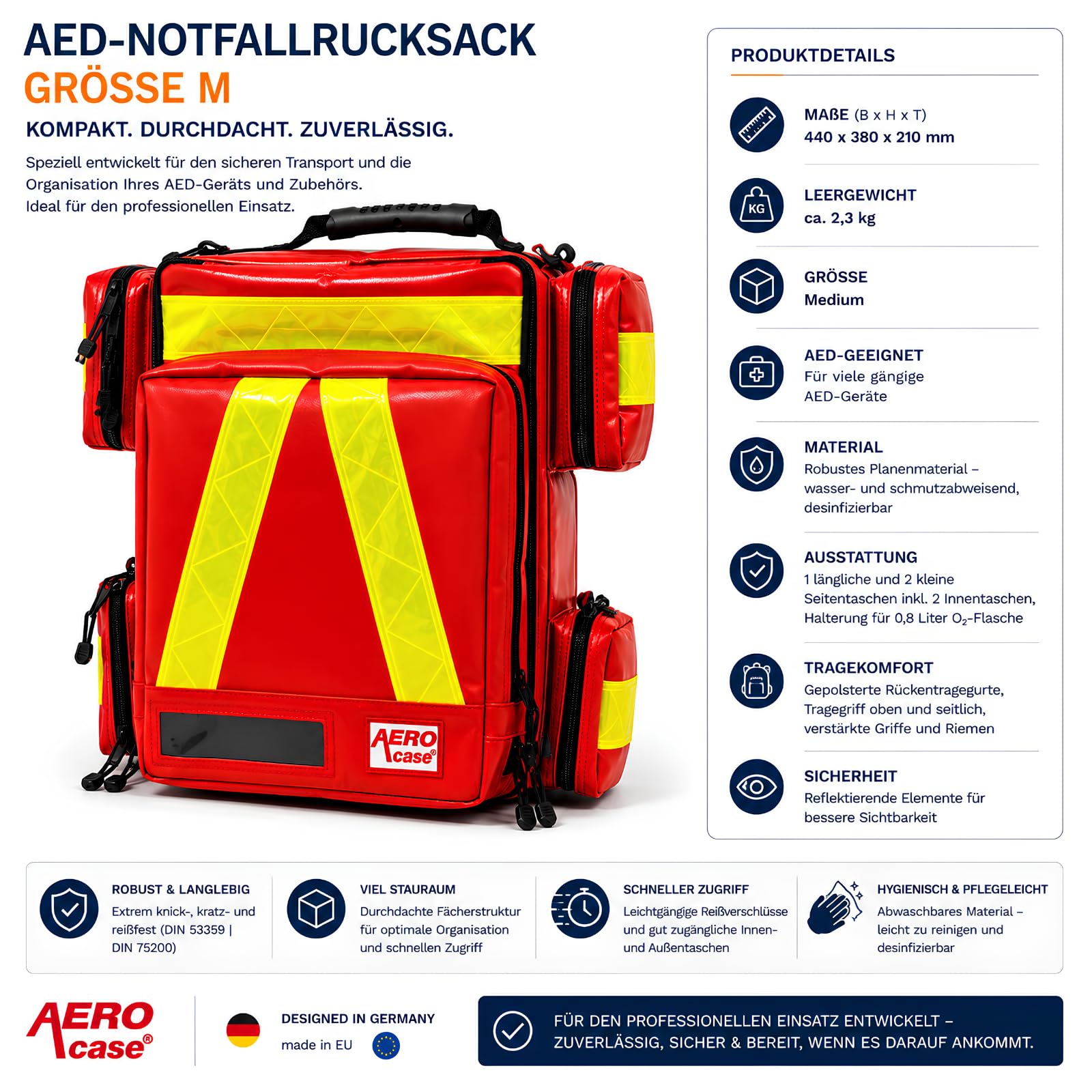 AEROcase AED-Notfallrucksack Größe M rot 44x38x21 cm | Gefüllt nach DIN 13157, Kompatibel mit gängigen AED-Geräten & 0,8 L O2-Flasche, 85-teilige Erste-Hilfe-Ausstattung