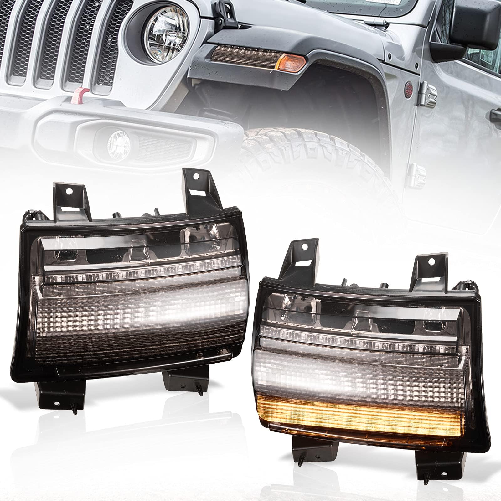 BUNKER INDUST LED Daytime Running Lights with Sequential Turn Signal for Jeep Wrangler JL 2018 2019 Fender JL DRL Turn Signal Wheel Eyebrow Light,Smoke Lens(USA Version)