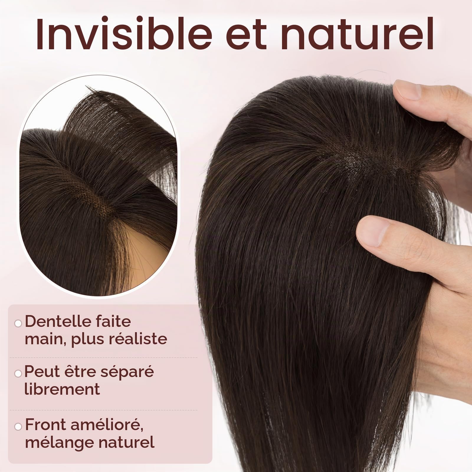 MY-LADY Topper Cheveux Humain Femme Sans Frange Volumateur Capillaire Naturel Léger Forme le Visage Pour Femme Fille(35g, #02 Marron Foncé)