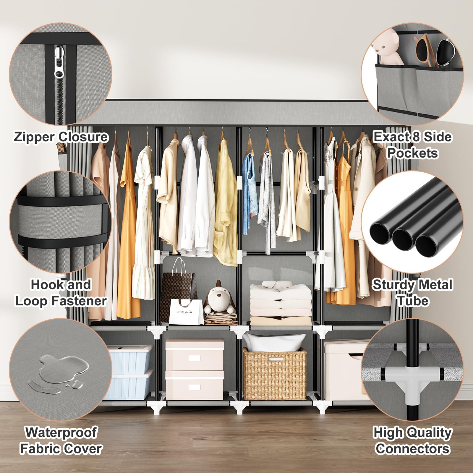 Vicye Armario de Tela para Ropa Plegable, Armarios Dormitorio con 4 Barras para Colgar, 8 Estantes y 8 Bolsillos Laterales, Gran Capacidad Armario Tela Portátil (170 x 45 x 167 cm, Gris)