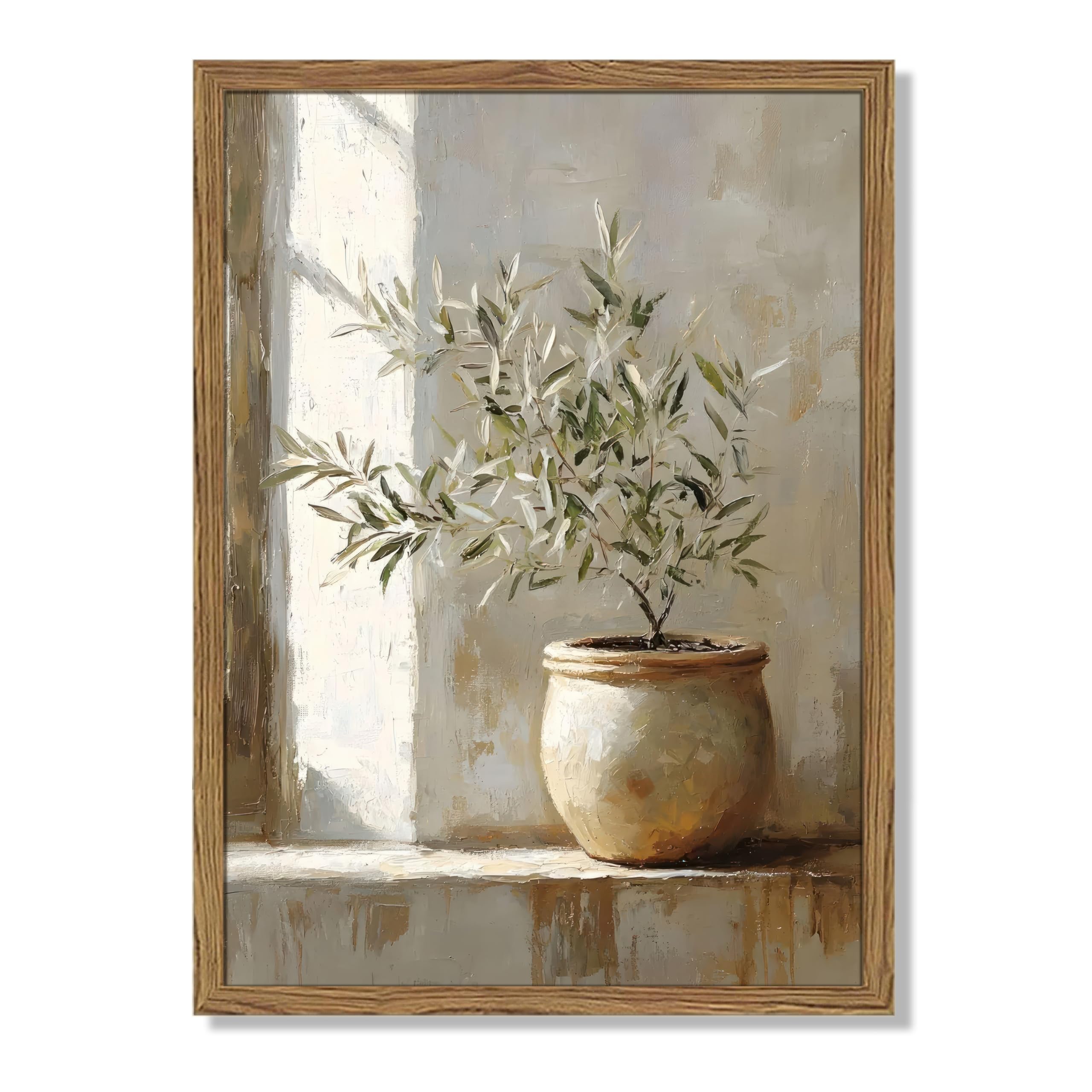 Framed Vintage Olive Tree Wall Art, Neutral Farmhouse Botanical Potted Pictures Wall Decor Painting, Modern Organic Mediterranean Plant Canvas Prints Artwork for Living Room Bedroom Kitchen-40x60 cm