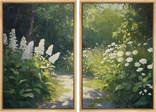 IDEA4WALL Framed Canvas Print Wall Art Set Sunlit Garden Path Botanical Floral with White Blossoms and Green Foliage Illustrations Modern Art for Living Room, Bedroom, Office - 16"x24"x2 NATURAL