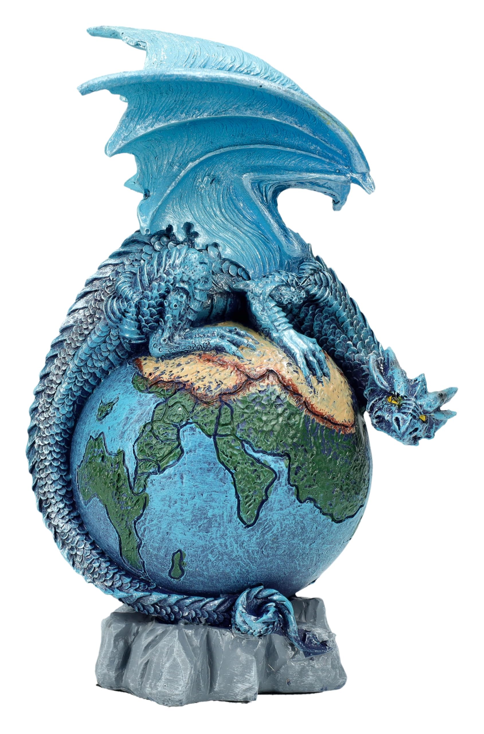 Figuren Shop GmbH Drachenfigur Blauer Planet – Fantasy Dekofigur mit Drache auf Erde, 14,5 cm Höhe