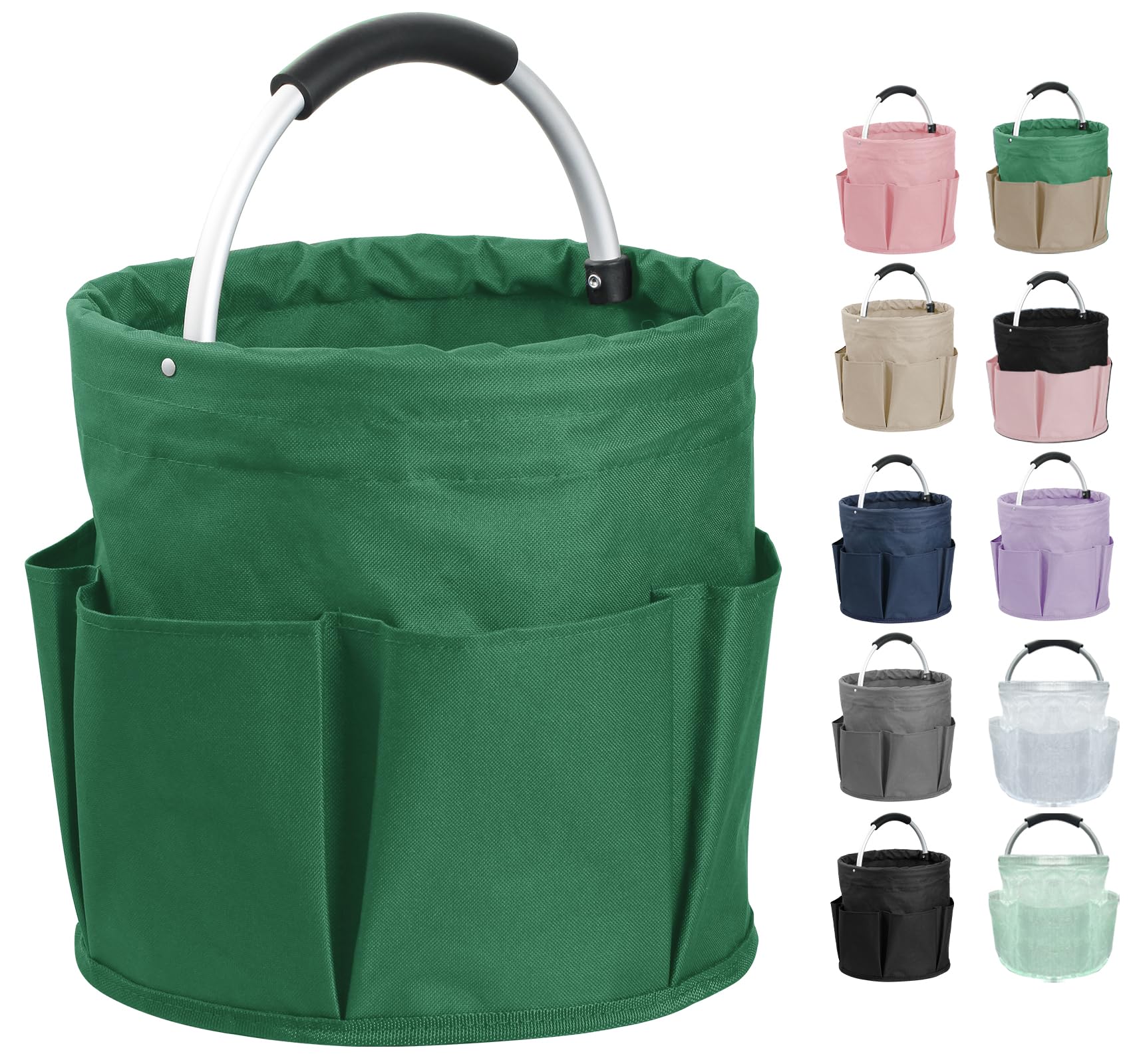 17L Cleaning Caddy with Handle, 600D Oxford Cleaning Supply Caddy with 6 Pockets, Foldable Tool Bucket Organizer for Housekeeping, Gardening, Car Detailing, Traveling, Camping, Green