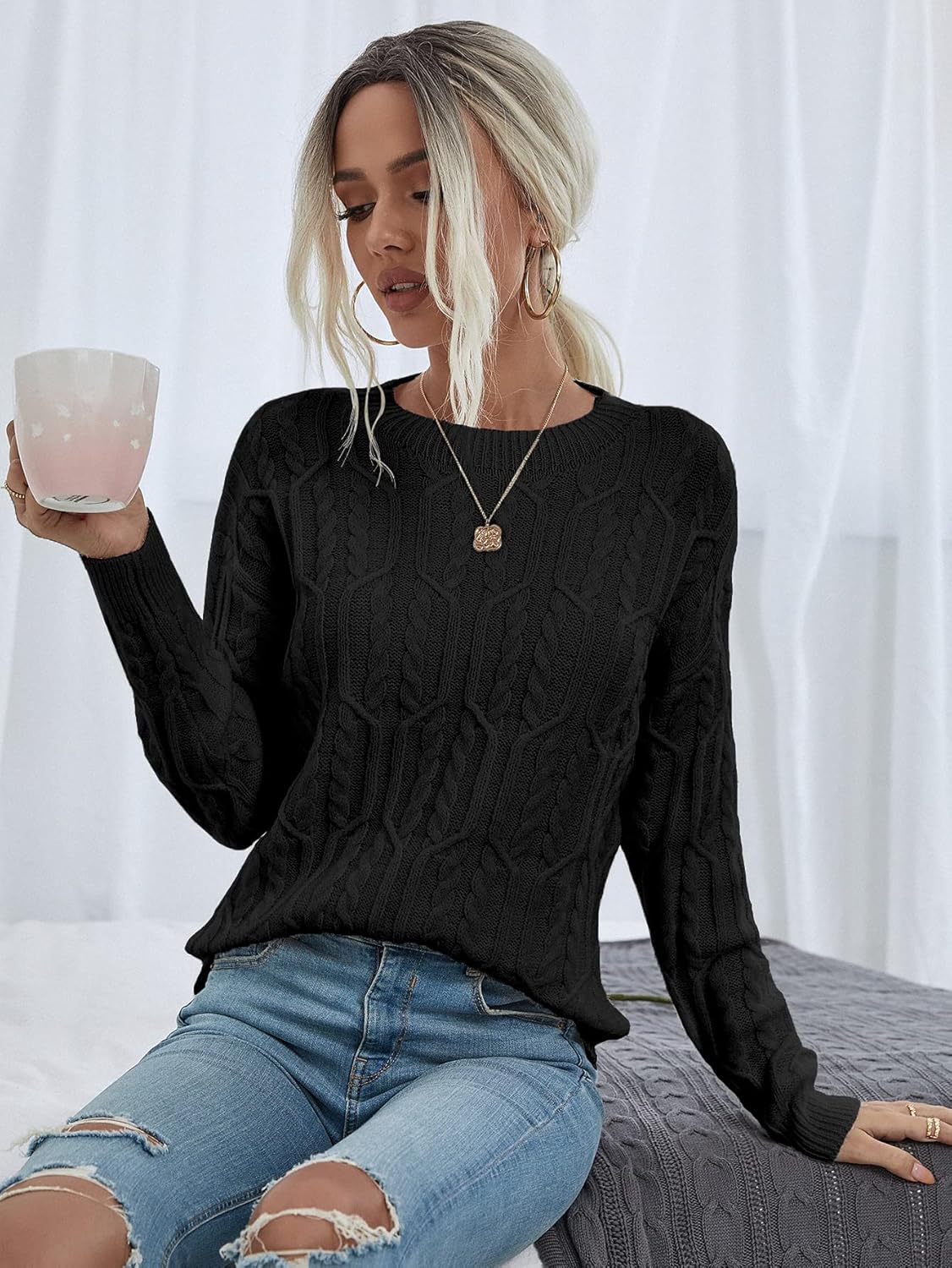 Women's Sweater Cable Knit Drop Shoulder Sweater Sweater for Women (Color : Black, Size : Medium)