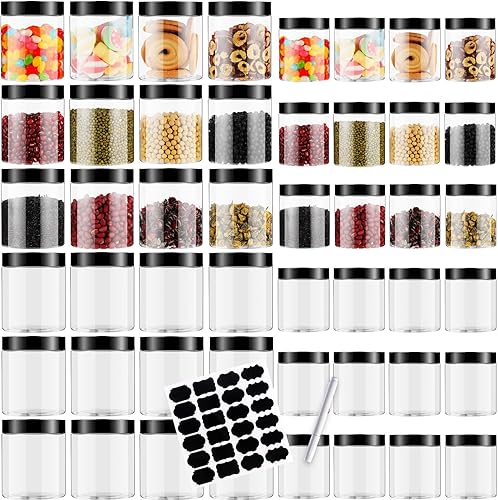 Paquete de 48 tarros de plástico con tapas, 8 onzas + 16 onzas, recipientes transparentes para cosméticos con bolígrafo y etiquetas, tarros de