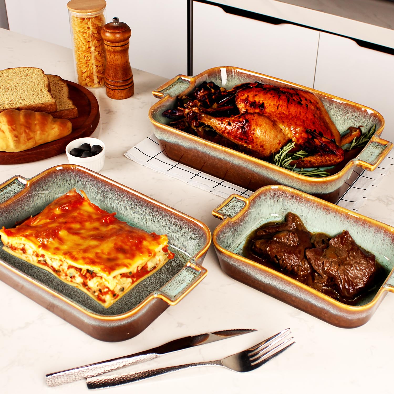 Cacerola de cerámica para gratinar, sartén grande para lasaña profunda para horno, bandeja para hornear con asas, apta para horno, microondas, congelador y lavavajillas, gran regalo