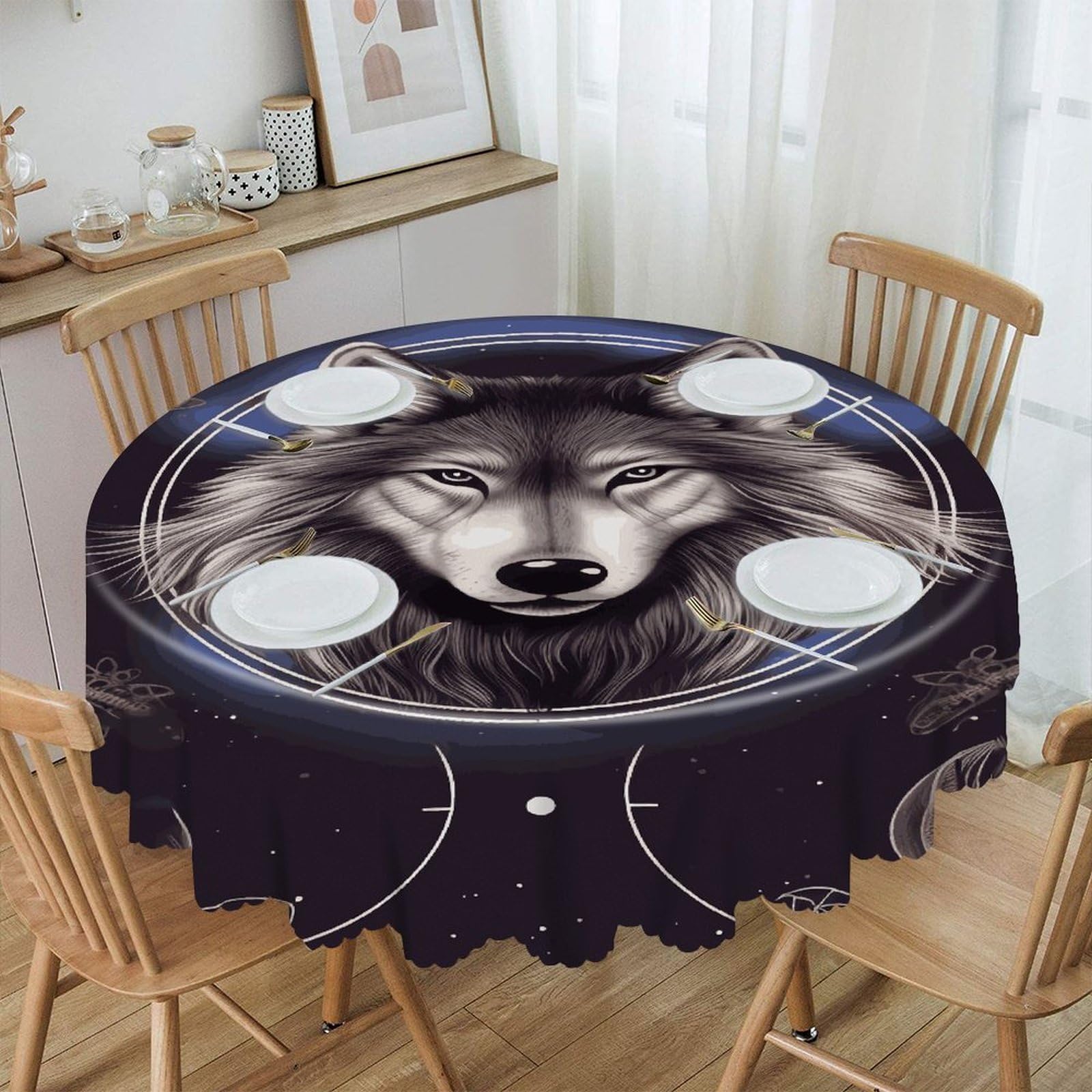 VstaDank Wolves and Dream Catchers Round Tablecloth 60 Inch Easy Clean Round Thick Decorative Polyester Tablecloth for Dining Kitchen Party Farmhouse Outdoor