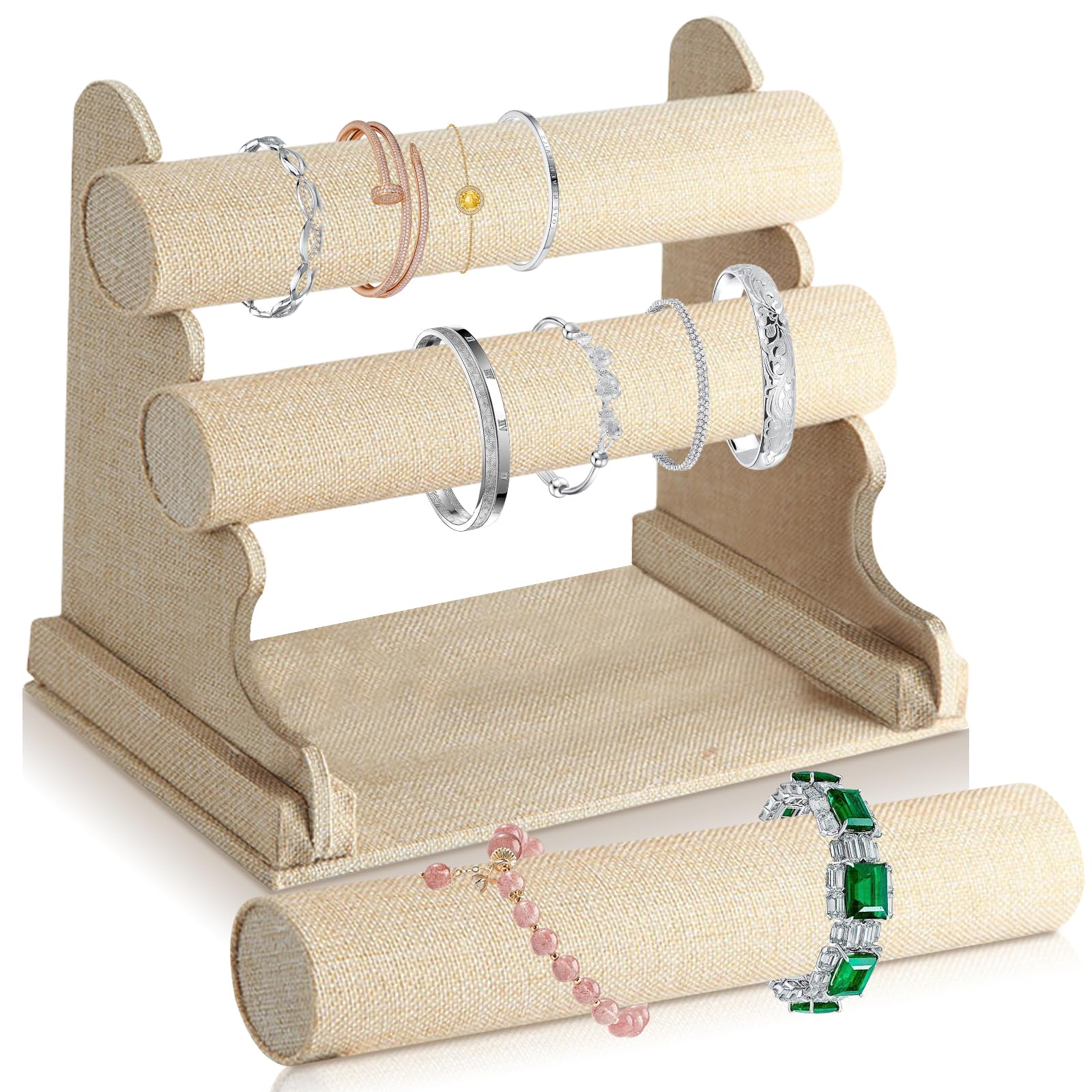 Expositor de Joyas Con 3 Niveles Extraíbles - Soporte de Terciopelo para Pulseras, Brazaletes, Relojes y Collares (Caqui)
