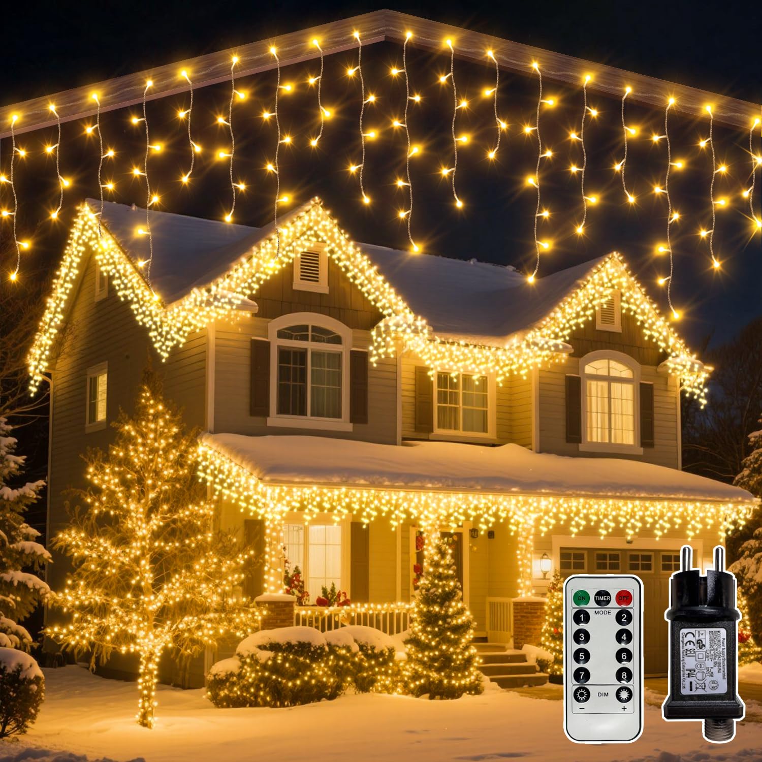 Eisregen Lichterkette Außen Warmweiß 486 LEDs, Fernbedienung, 4 Helligkeitsstufen, 8 Modi, Timer, IP44, 12m, Weihnachtsbeleuchtung für Balkon, Fenster, Garten