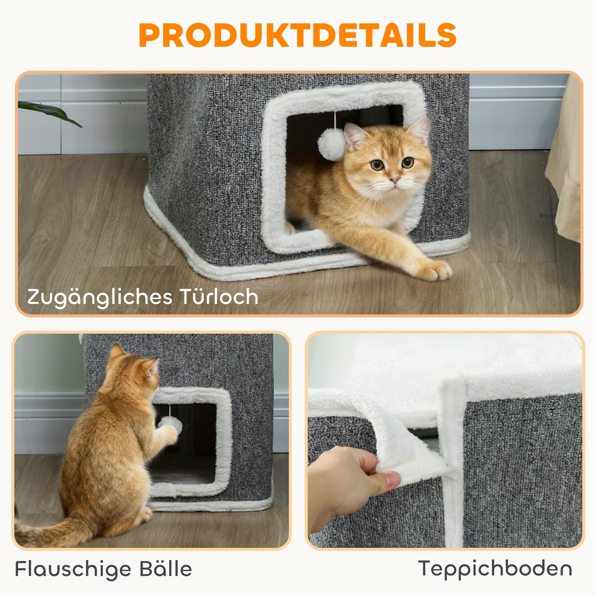 PawHut Kratztonne 100 cm Hoch 41 x 41 cm vierstöckige Katzentonne mit Spielball, Plüschrand, Katzenhöhle, Kratzbaum für 1-2 Katzen unter 7kg, Grau
