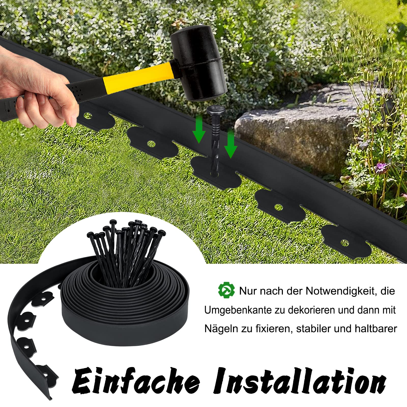 NAIZY Flexible Rasenkante Kunststoff 2x10m Beeteinfassungen aus PP-Kunststoff Gartenumrandung mit 60 Befestigungsnägel Beetumrandungen 5cm höhe für Garten, Schwarz