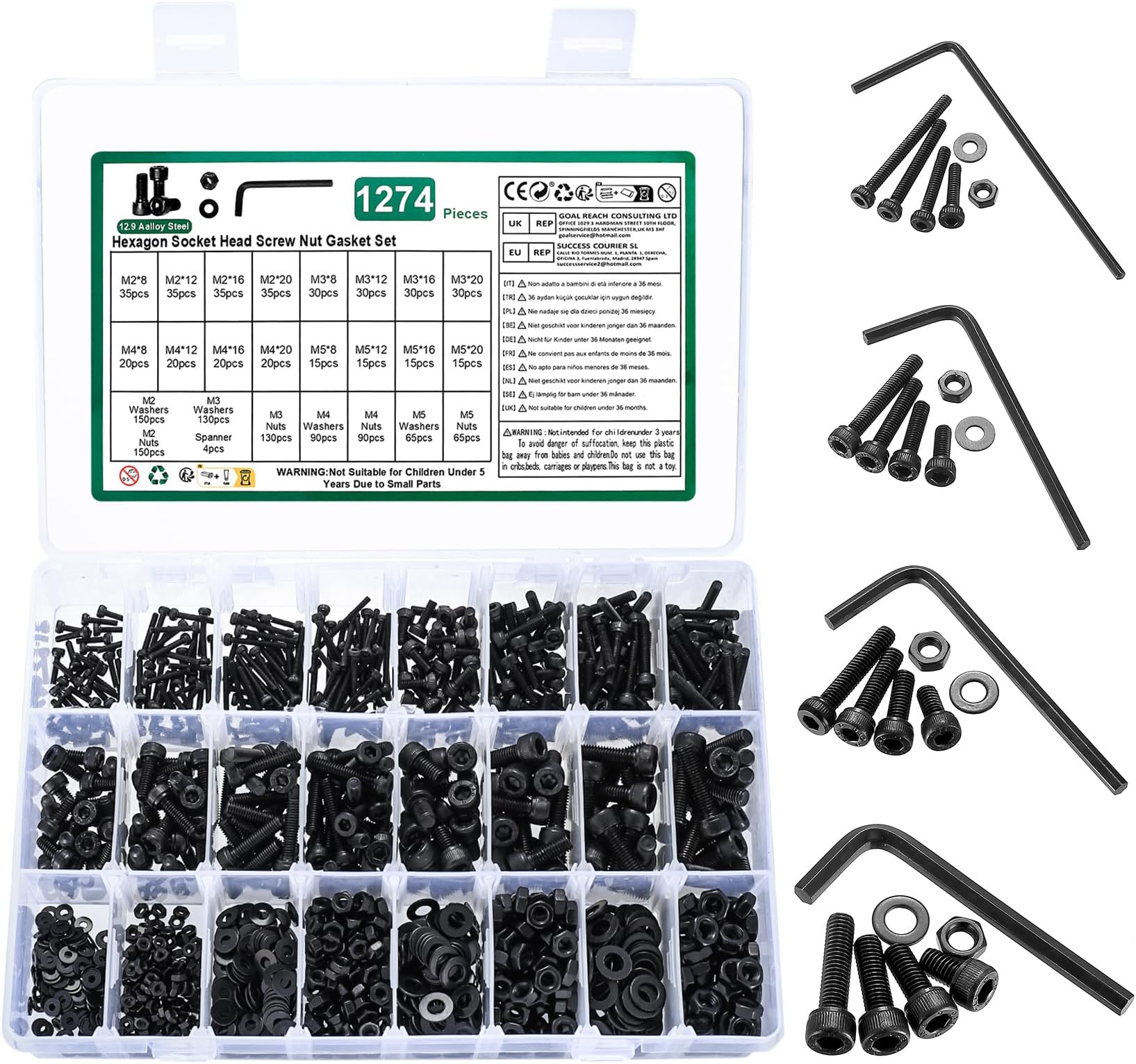 1274 Pcs 12.9 Carbon Steel Bolts and Nuts Set, Hex Nut and Bolt, Hex Socket Head Cap Screw bolts and nuts and Washers set, Black Metric Machine screws and Nuts Assortment Kit M2 M3 M4 M5