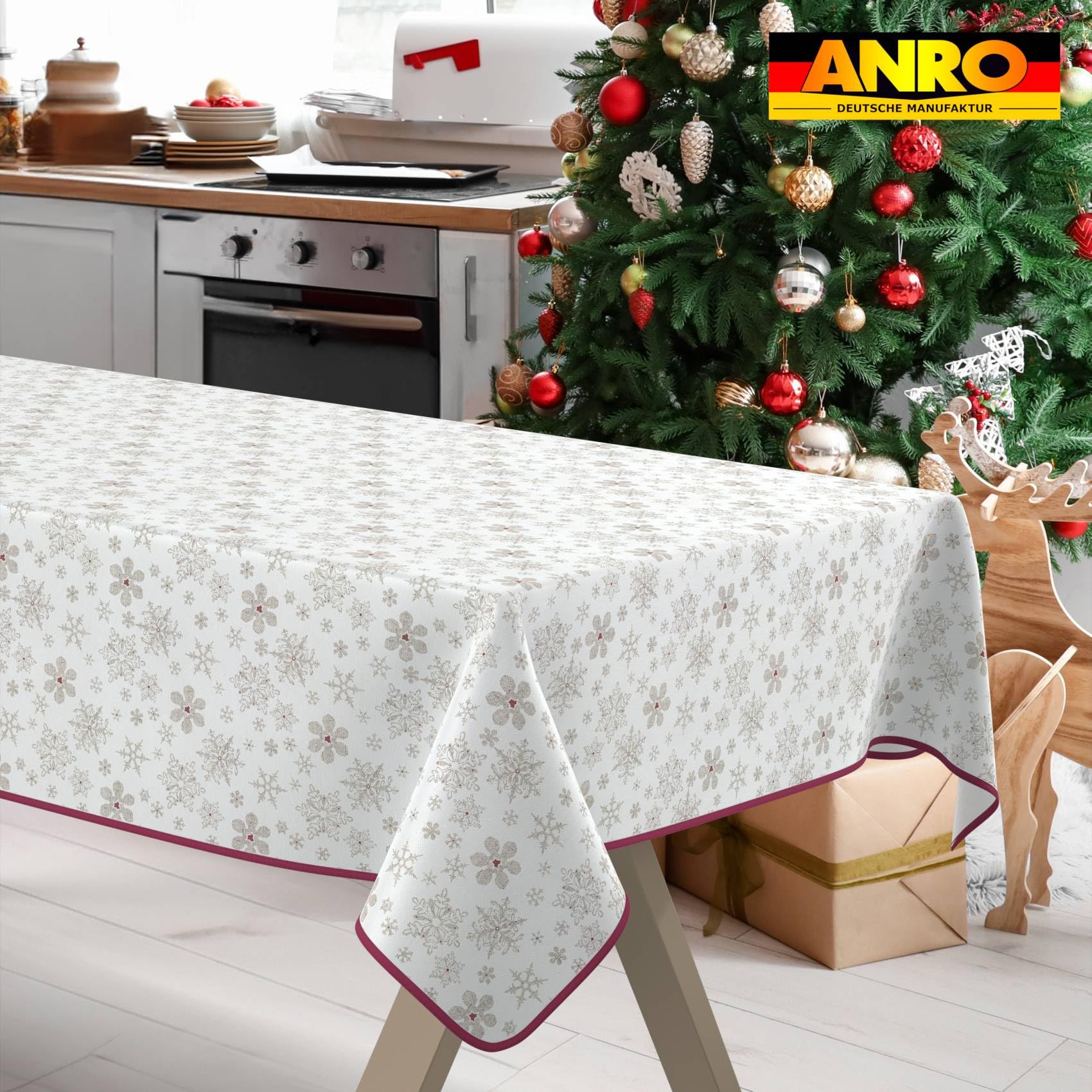 ANRO Mantel Antimanchas Navidad Copos de Nieve con Dobladillo 280x140 cm