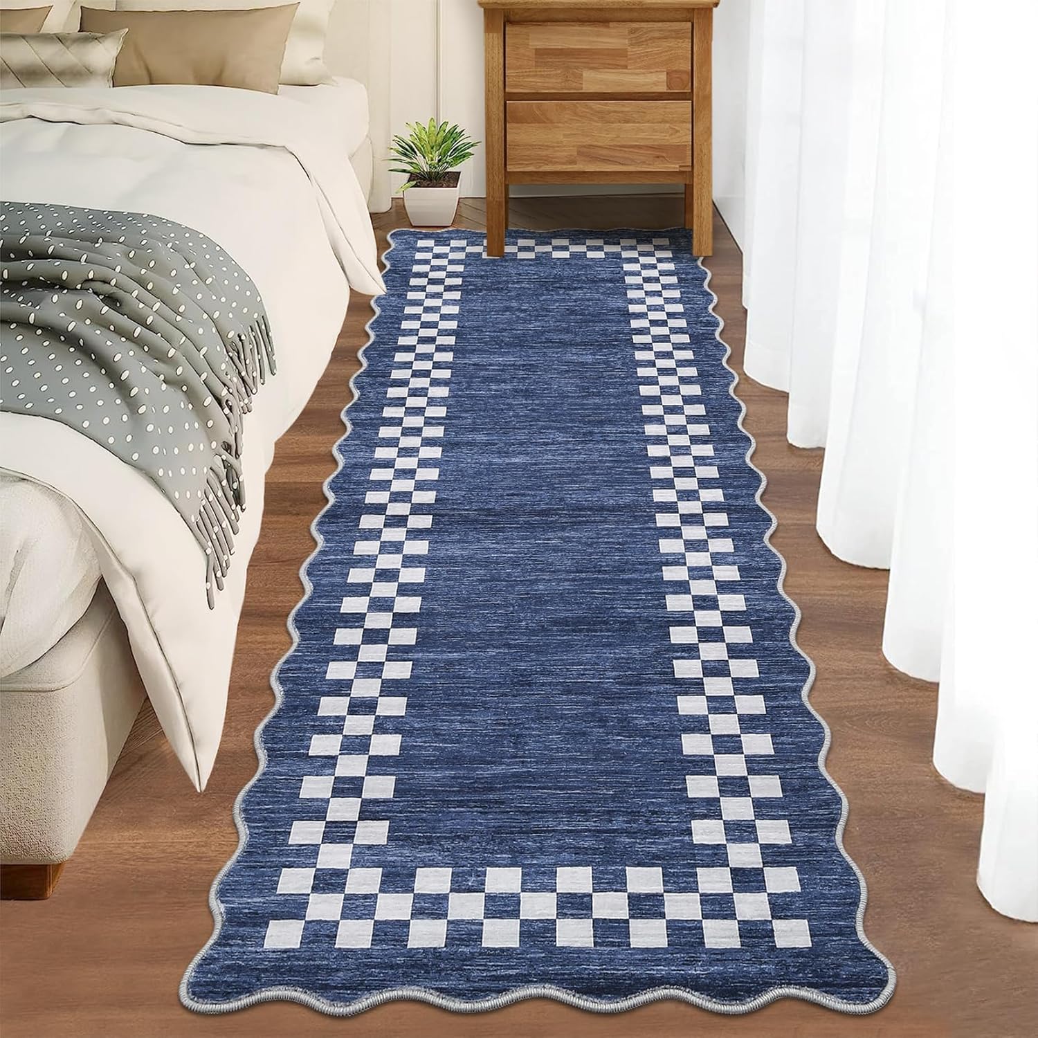 Garvee 2x6 Washable Runner Rug for Hallway Scalloped Rugs Non Slip Stain-Resistant Modern Bordered Runner Soft Non-Shedding Throw Carpet for Bathroom Laundry Bedside Entryway, Blue