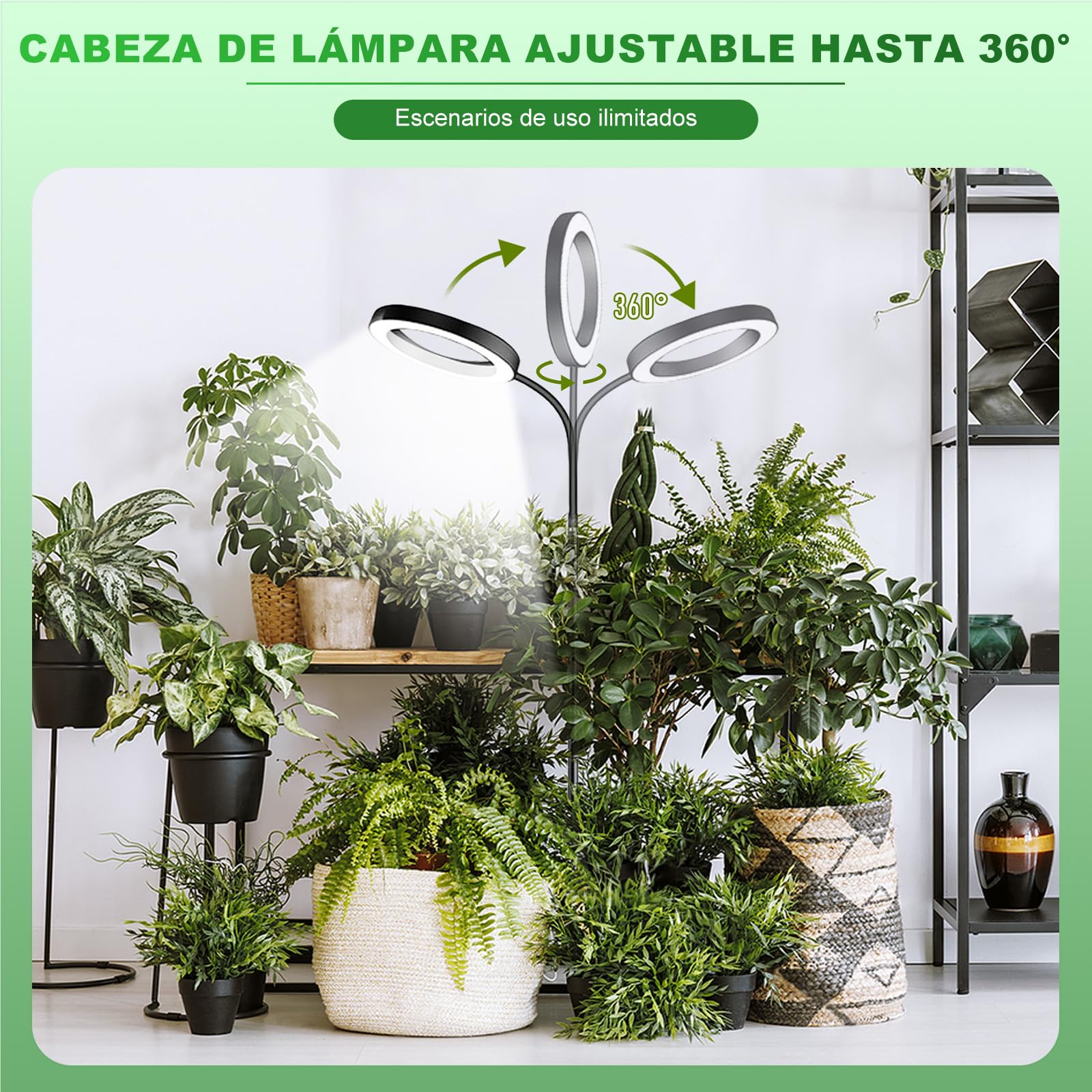 Lámpara para Plantas LED, luz de crecimiento plantas con Temporizador 6/12/16H, 3 Modos Luz & 10 Niveles Brillo, Altura Ajustable 57-165cm, Grow Light con temporizador y adaptador