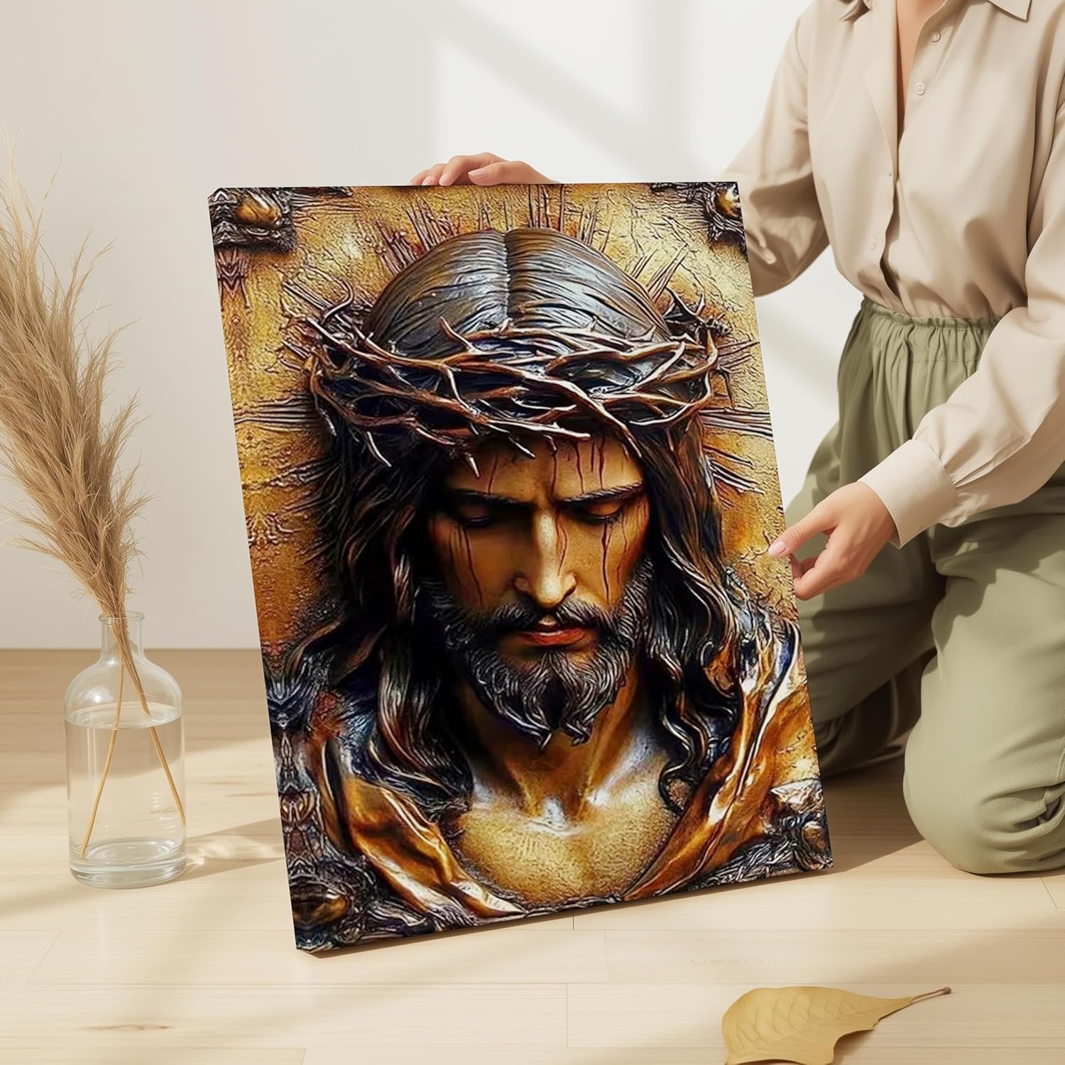 Sunwes Jesus Christ Canvas Wall Art 20x24 - Crucifixion, Walking on Water, Resurrection & Crown of Thorns, Stretched & Ready to Hang Catholic Church Easter Decor