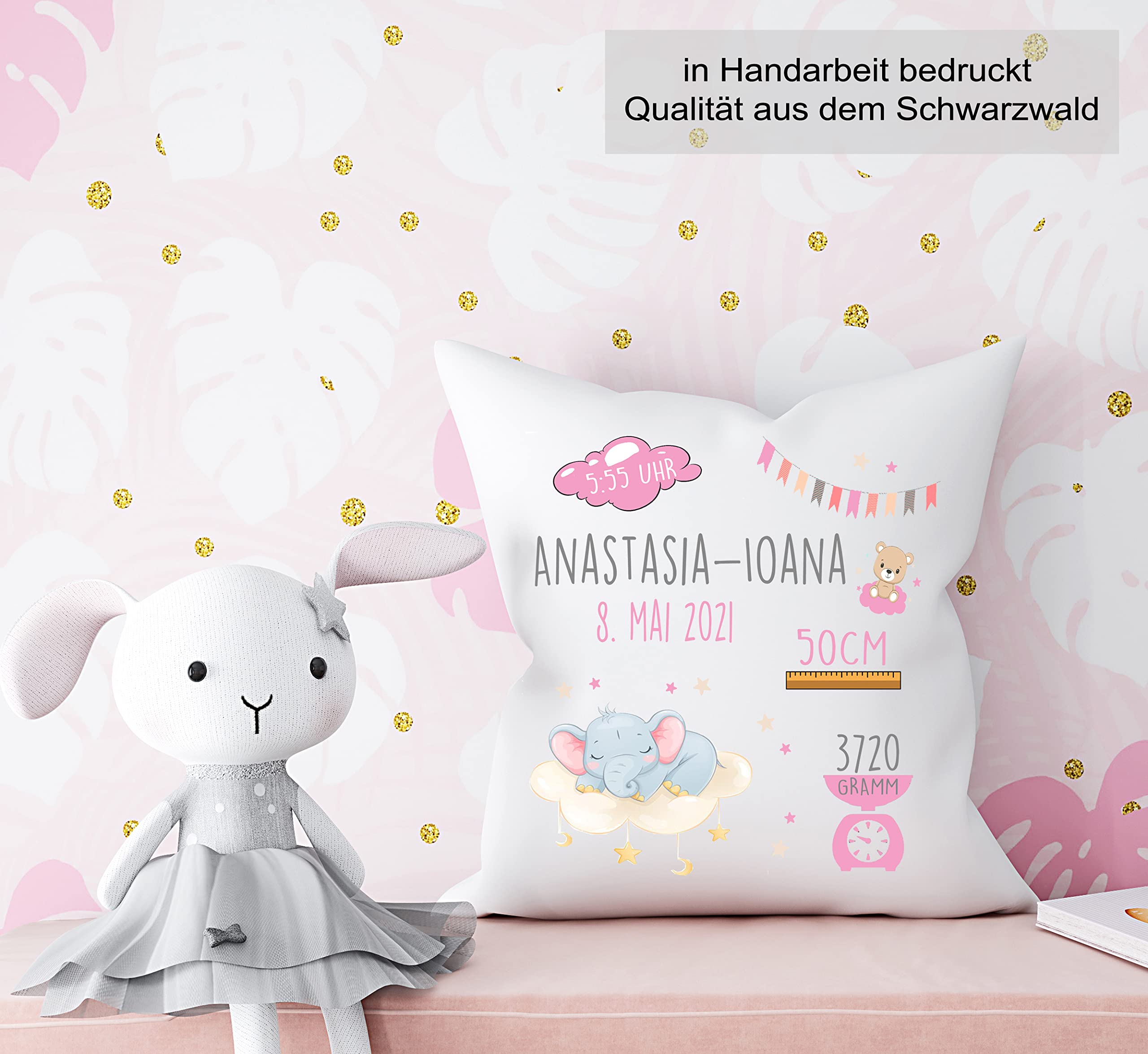 Personalisiertes Geburtskissen mit Namen und Geburtsdaten für Jungen und Mädchen inkl. Füllung 40x40cm | Foto Babykissen| bedrucktes Kissen | Geschenke zur Geburt, Taufe (Mädchen, mit Kissenfüllung)
