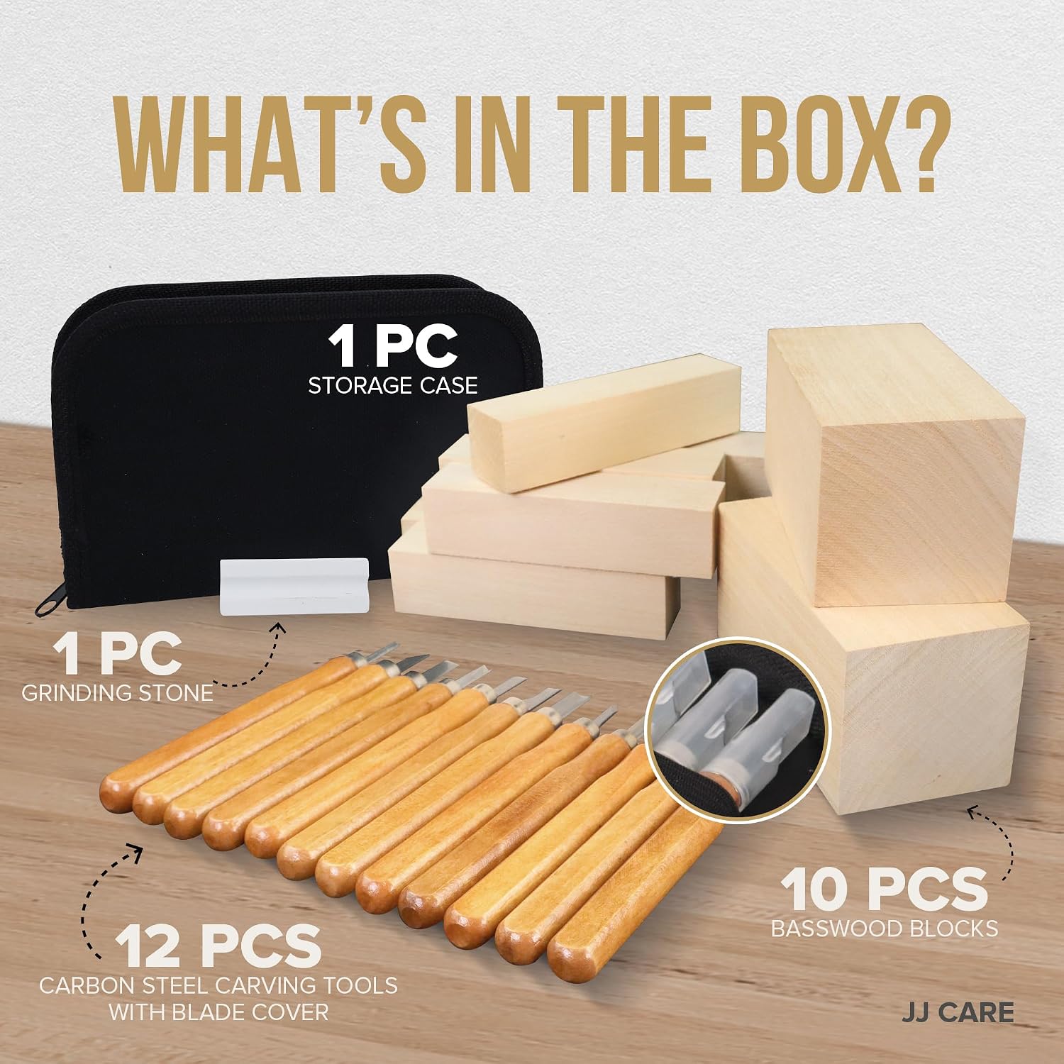JJ CARE Wood Carving Kit, 24pcs Wood Whittling Kit with 12 SK2 Steel Carving Knives, 10 Basswood Blocks, 1 Grinding Stone & Storage Case, Gift Set for Beginners & Adults