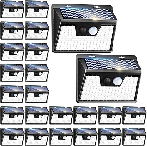 Miniatura 50 de Peasur Luces solares con sensor de movimiento para exteriores, paquete de 2 140 luces LED para valla, impermeable, marco blanco, iluminación de
