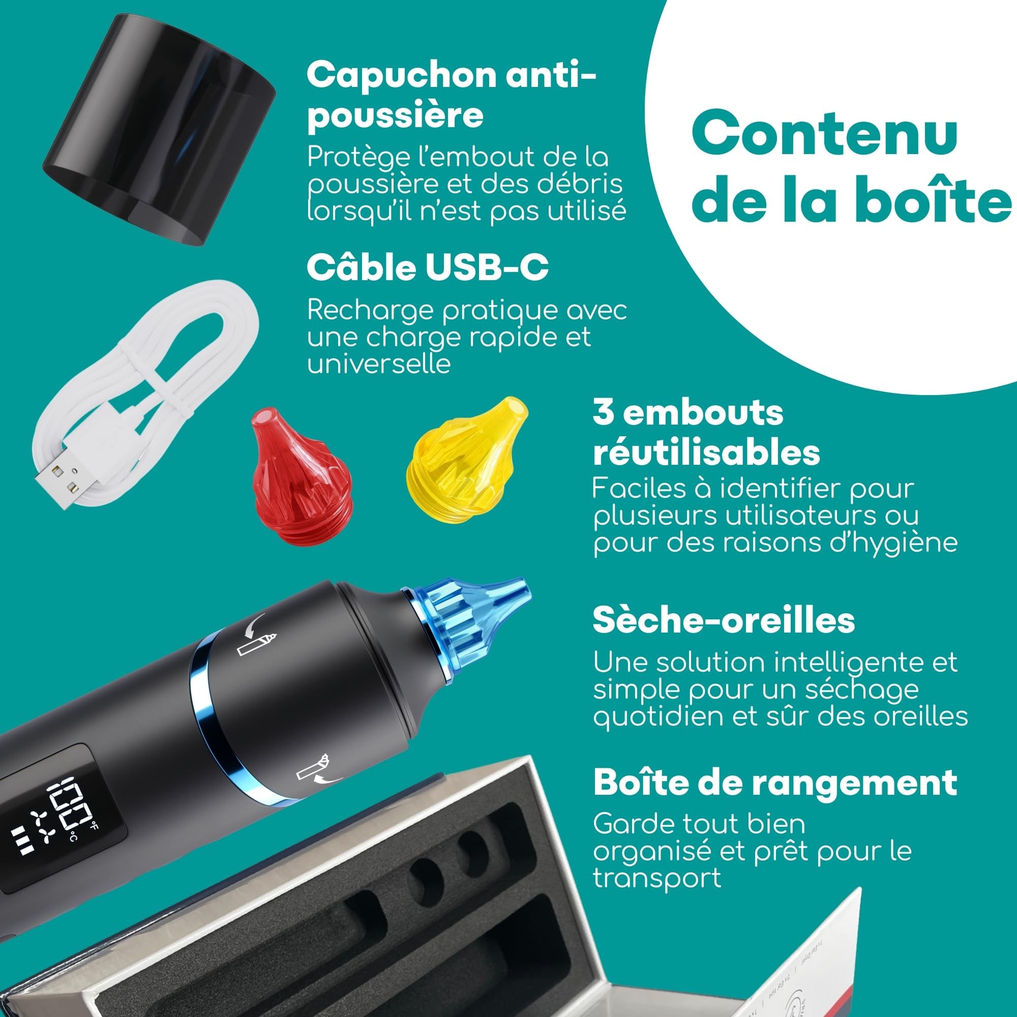 Medi Grade Sèche Oreille Appareil de Séchage des Oreilles à Air Chaud avec Lumière Rouge, Température et Débit d'Air Réglables