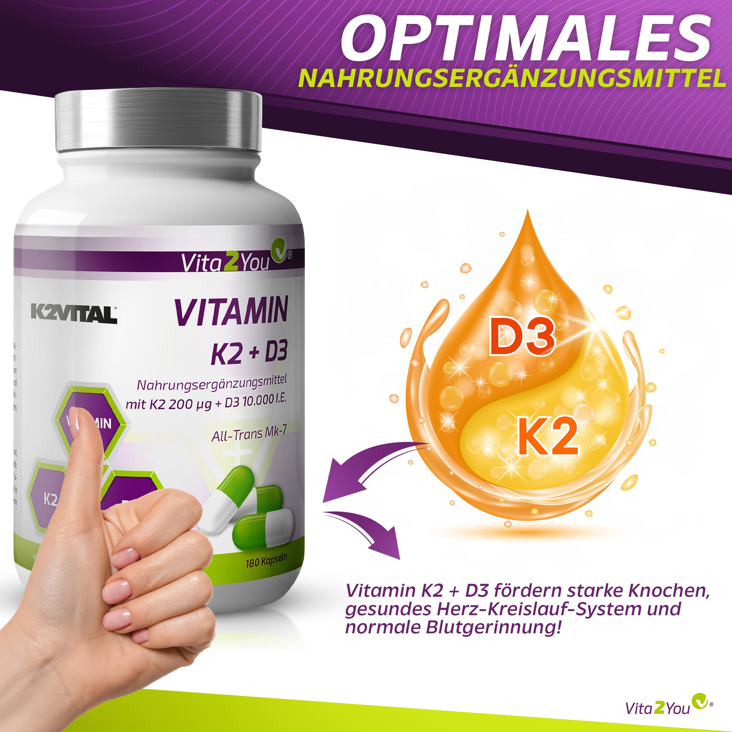 Vita2You Vitamin D3 + K2-180 Kapseln - Vitamin D3 10.000 IE + Vitamin K2 (MK-7) 200µg - Original K2VITAL® von Kappa - Premium Qualität