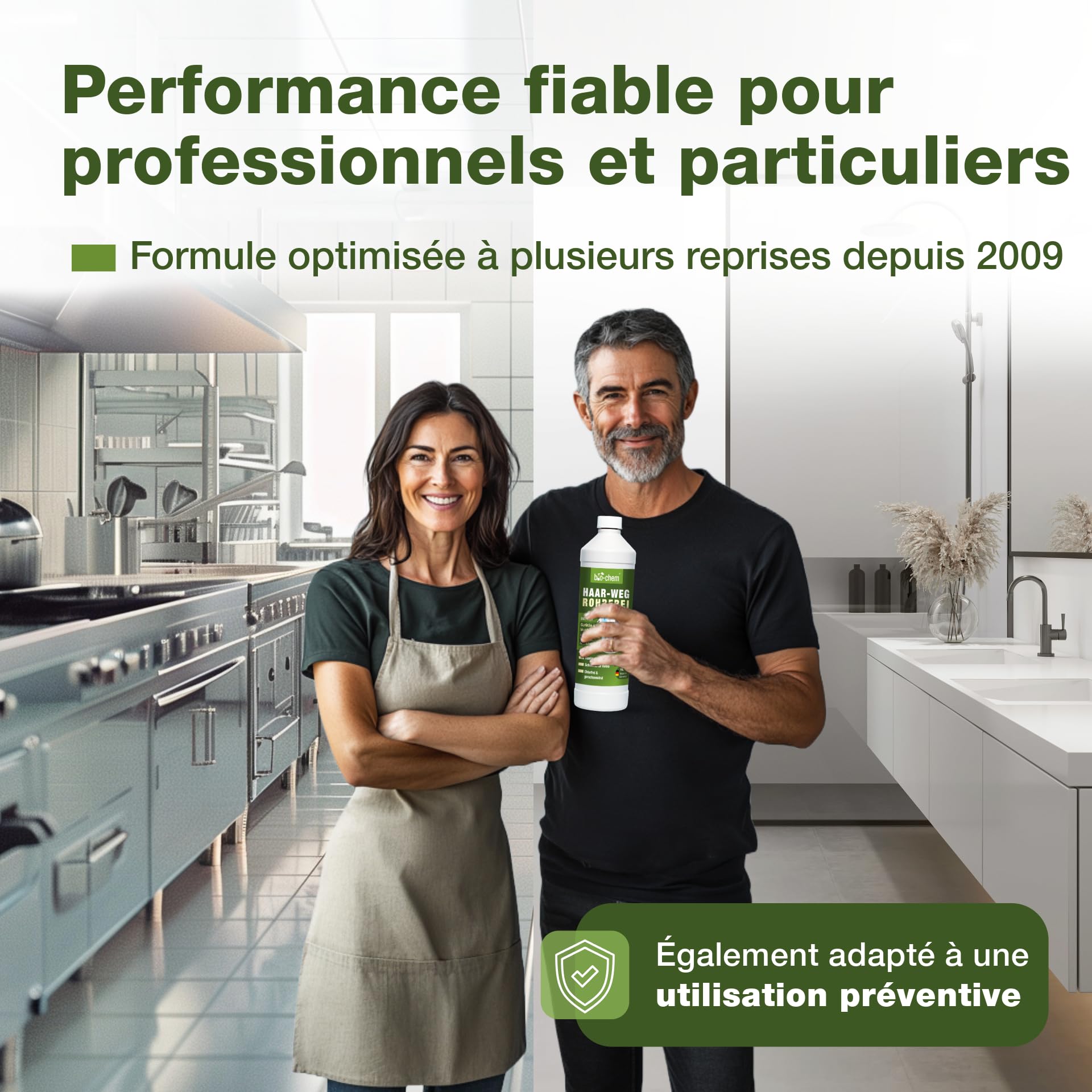 bio-chem Déboucheur de canalisations liquide professionnel 2L | Déboucheur spécial cheveux et résidus de savon, agit même en eau stagnante, concentré jusqu’à 20 utilisations