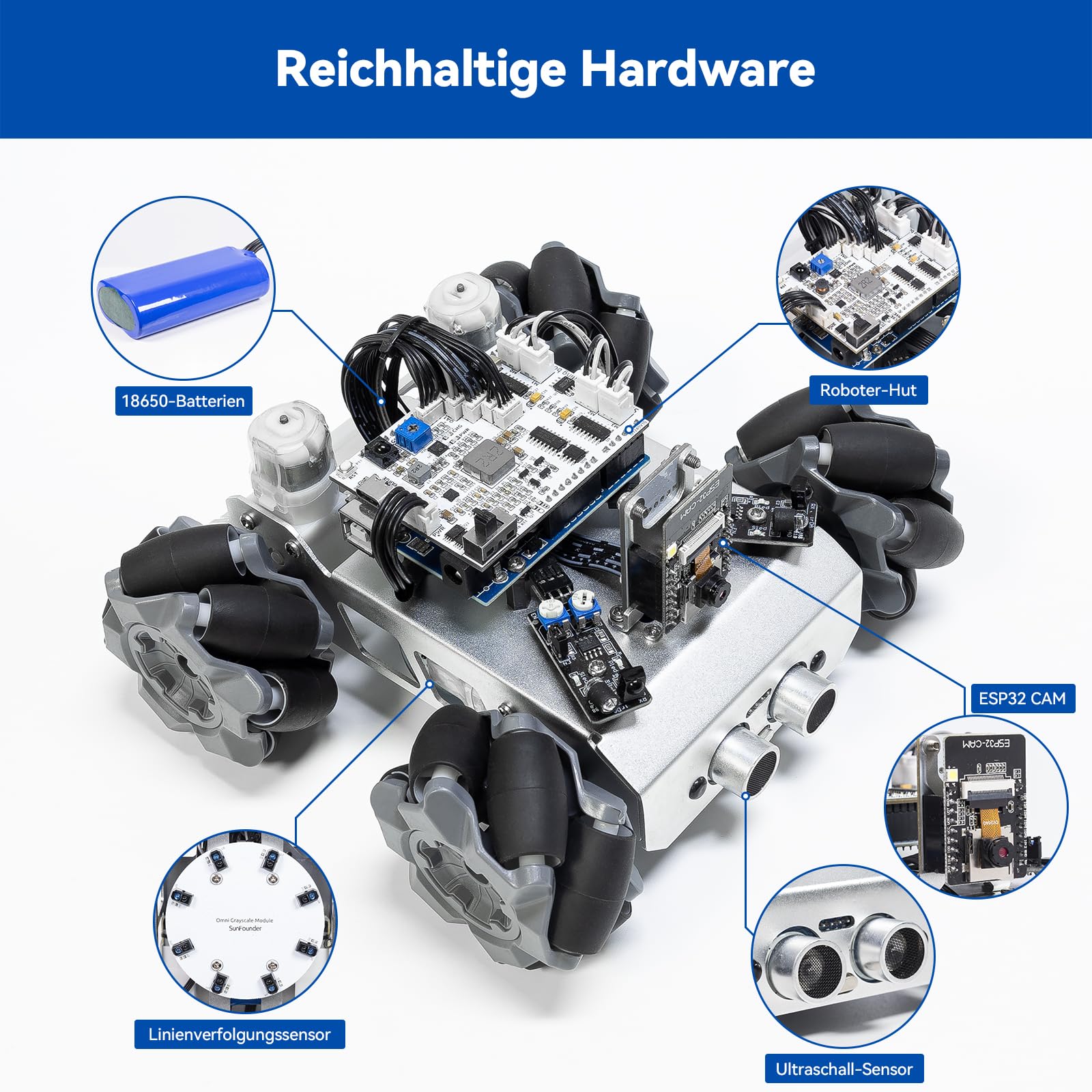SUNFOUNDER Smart Robot Car Kit Kompatibel mit Arduino UNO R3, 4WD Omnidirektionale Bewegung, FPV, ESP32 CAM, APP Romote Control etc, Educational Robot Kit für Erwachsene