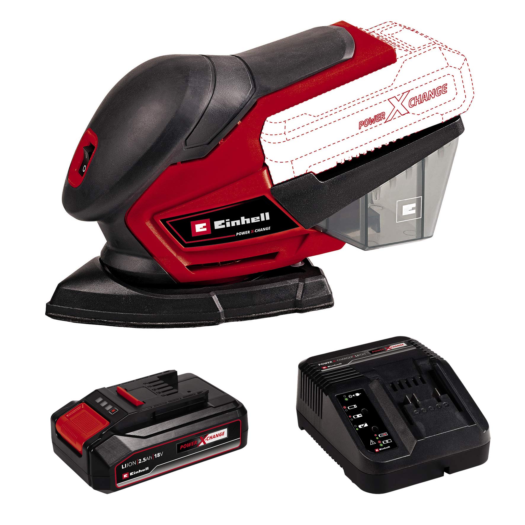 Einhell Ponceuse multifonctions TE-OS 18/150 Li-Solo Power X-Change (18 V, 24 000 oscillations/min, bac collecteur de poussière, avec 6 feuilles abrasives) avec Chargeur et Batterie 2,5Ah