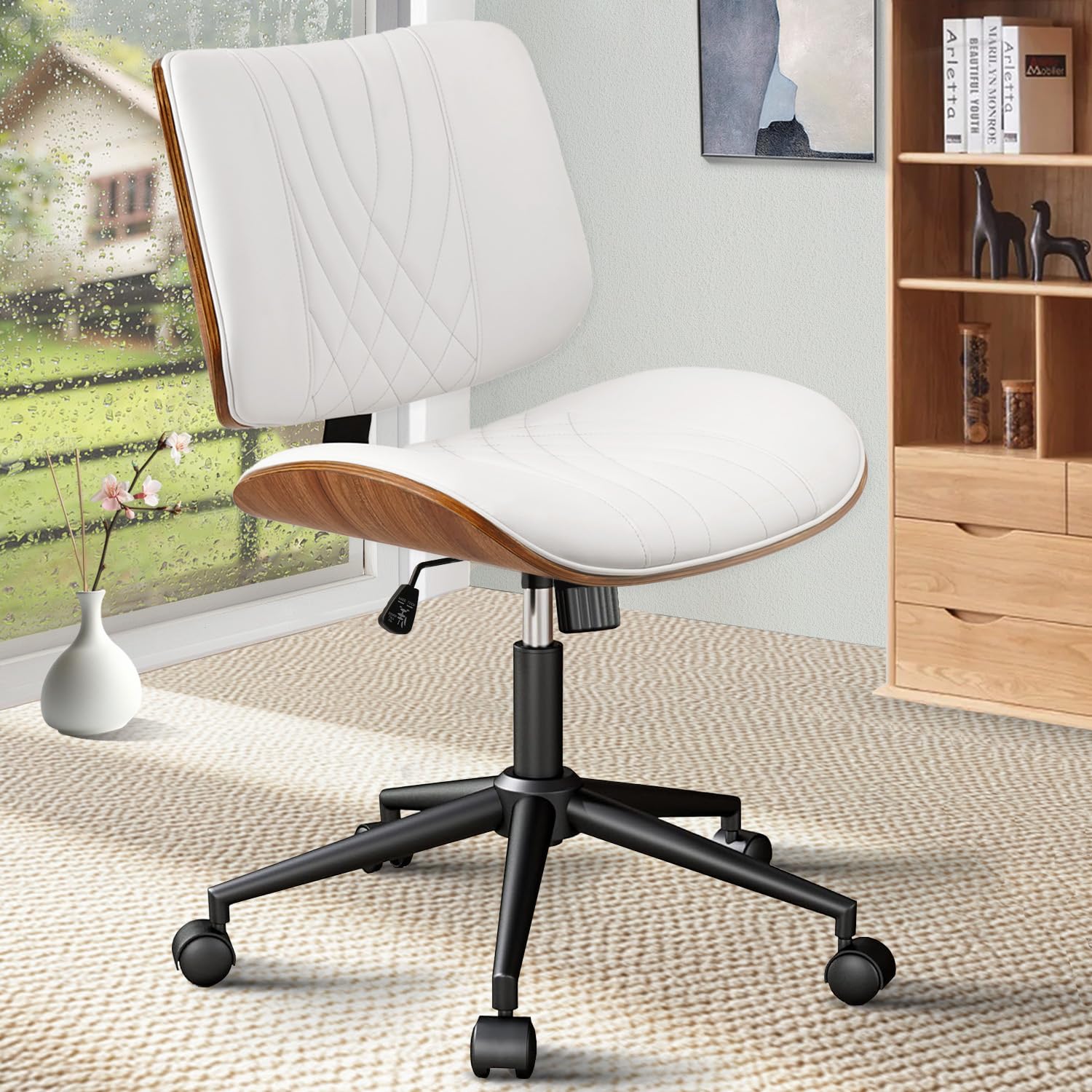 CLATINA Armless Home Office Chair Desk Chair with Wheels Adjustable Height Reading Chair Leather Mid Back Swivel Computer