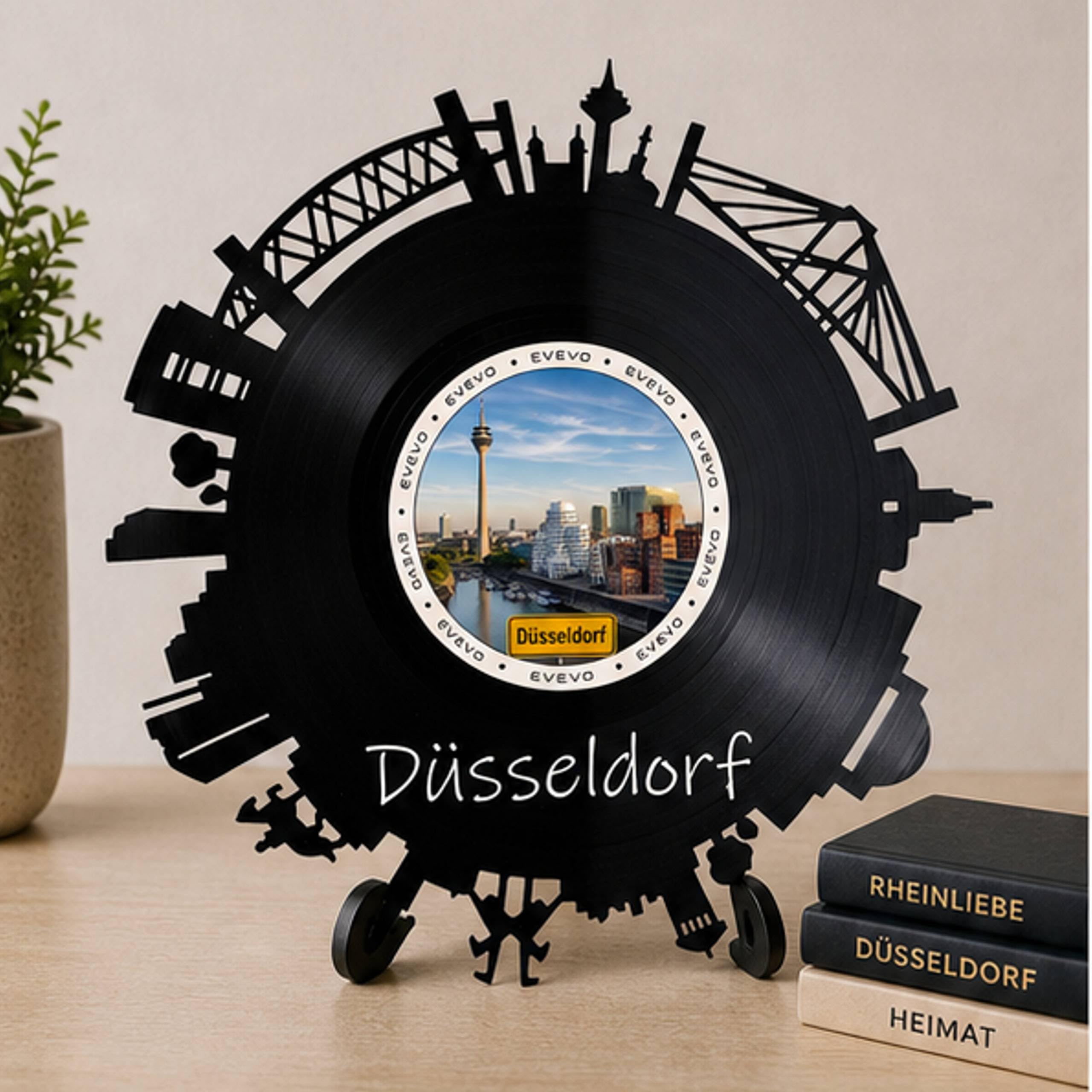 EVEVO Dekoracja ścienna z płyty gramofonowej Düsseldorf - winylowa sztuka ścienna Nadrenia Północna-Westfalia panorama prezent dla fanów Düsseldorfu, Nadrenii MedienHafen-Liebhaber D0061