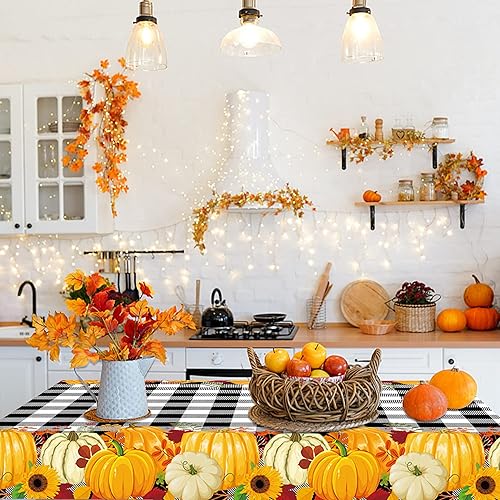 Miniatura 7 de Mantel de plástico a cuadros de otoño, 2 piezas, mantel de plástico con diseño de calabaza, color blanco y negro, con calabaza, desechable, para