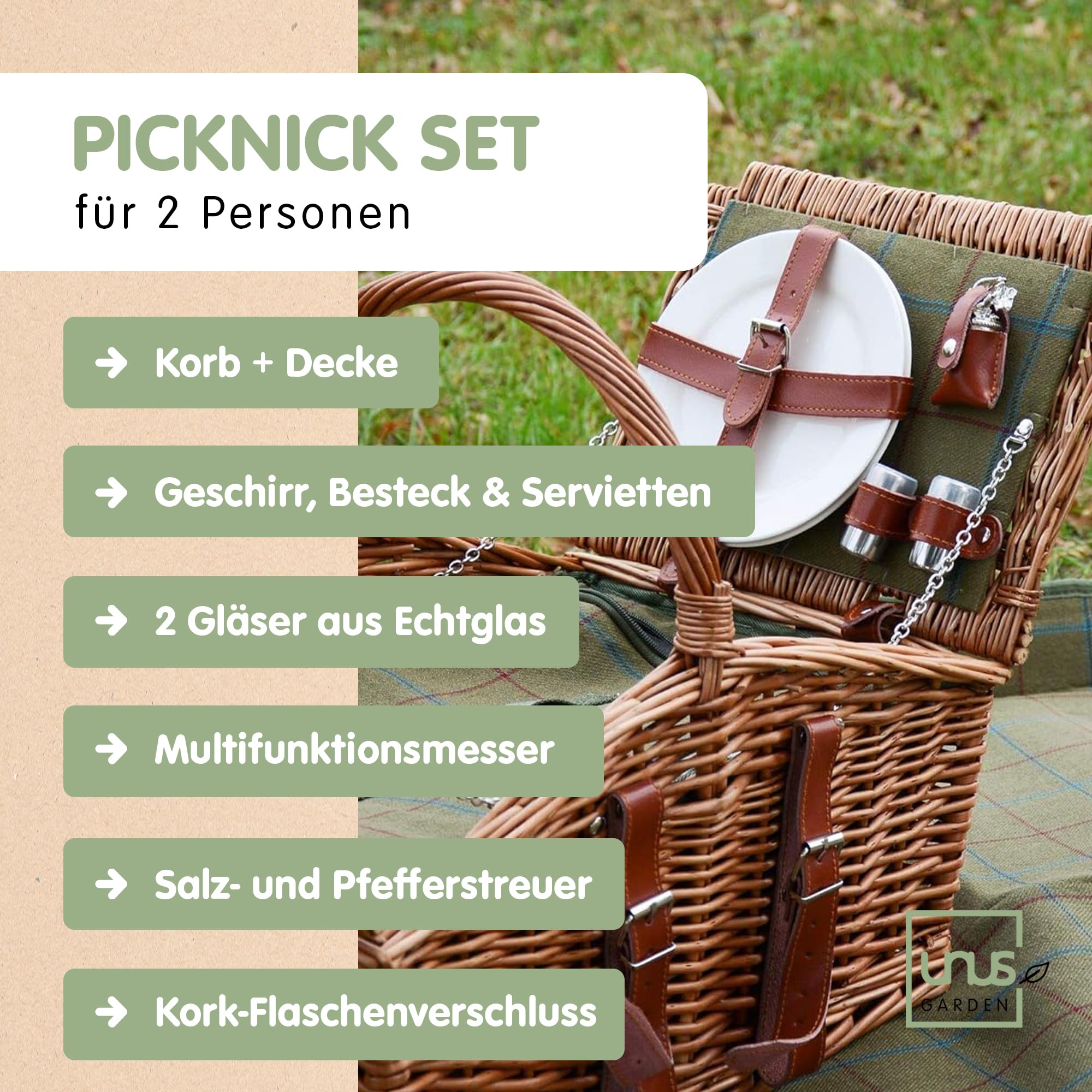 UNUS Picknick Set 2 Personen mit Picknickkorb mit integrierter Kühltasche, Picknickdecke 135x115 cm, Besteck und Geschirr, Korb in Natur, Decke in Grün
