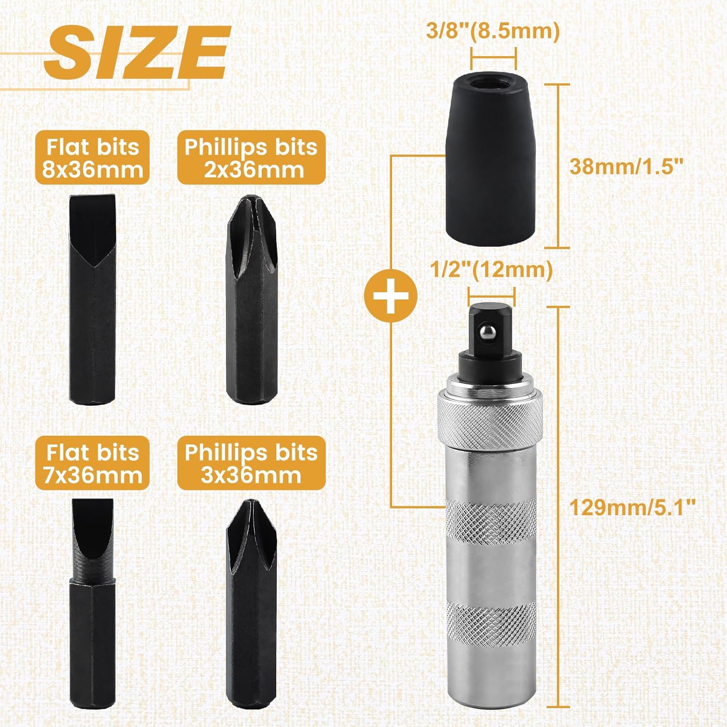 3/8 Inch Drive Manual Impact Driver Set Hand Impact Driver Extractor Tool, Reversible Hand Screwdriver Set, with Slotted and Phillips Screwdriver Bits, for Tighten/Rusted Fasteners