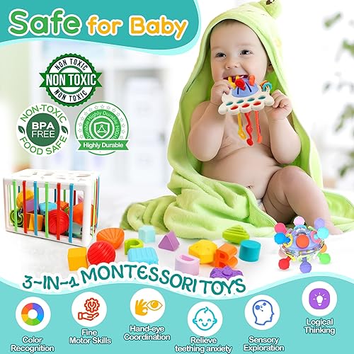 Miniatura 2 de Juguetes 3 en 1 para bebés de 6 a 12 meses, juguetes de dentición para bebés y cuerda de tracción y forma de cubo sensorial, juguetes Montessori