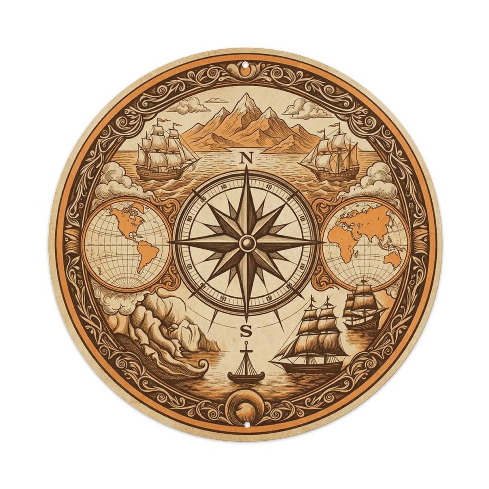 Vintage Nautical Compass World Map Beginning Path Metal Tin Sign