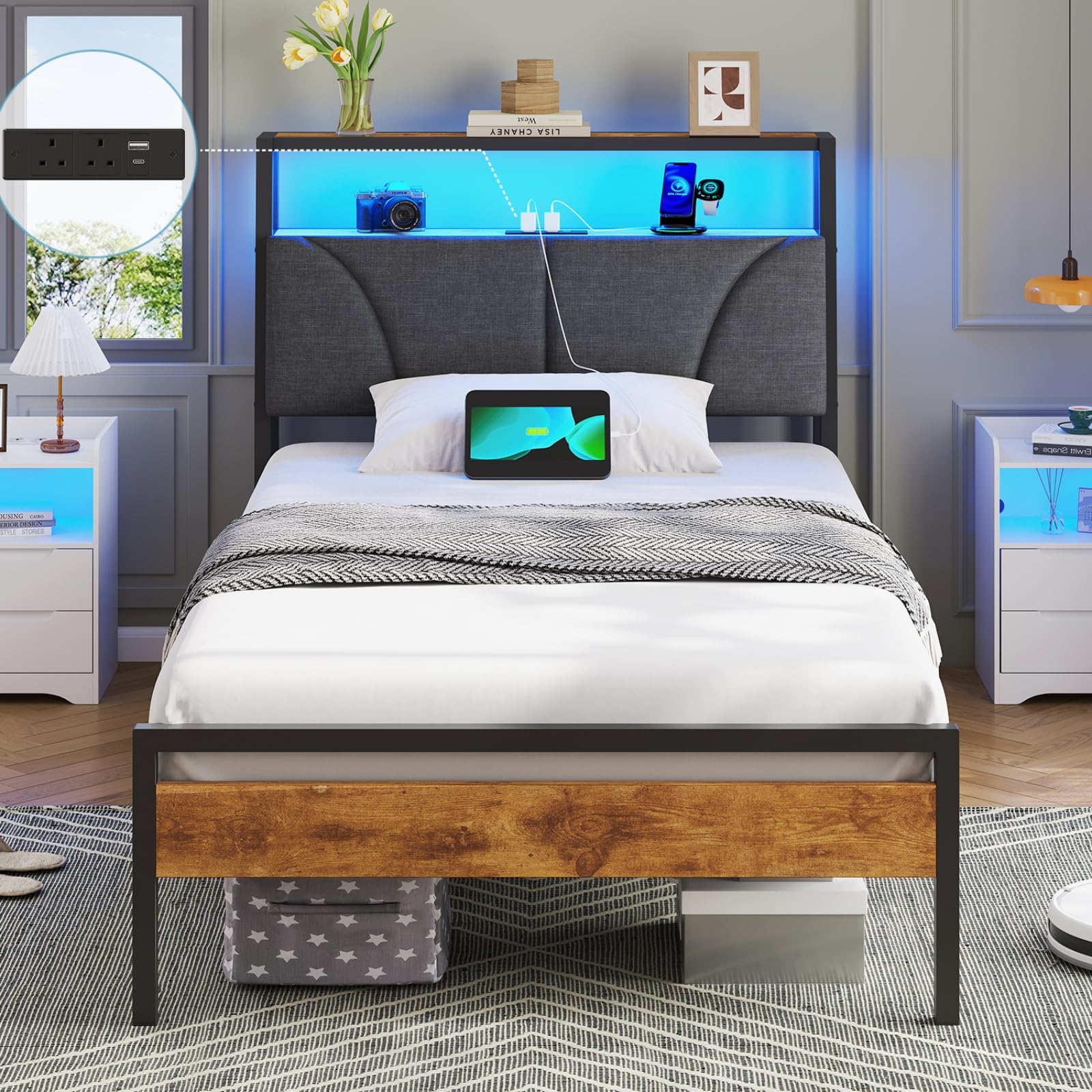 DICTAC Single Bed Frame with Upholstered Storage Headboard, Stable and Sturdy Metal Bed Frame with Charging Station & LED Lights, 90x190 cm Platform Bed Frame No Box Spring Needed, Noise Free, Modern