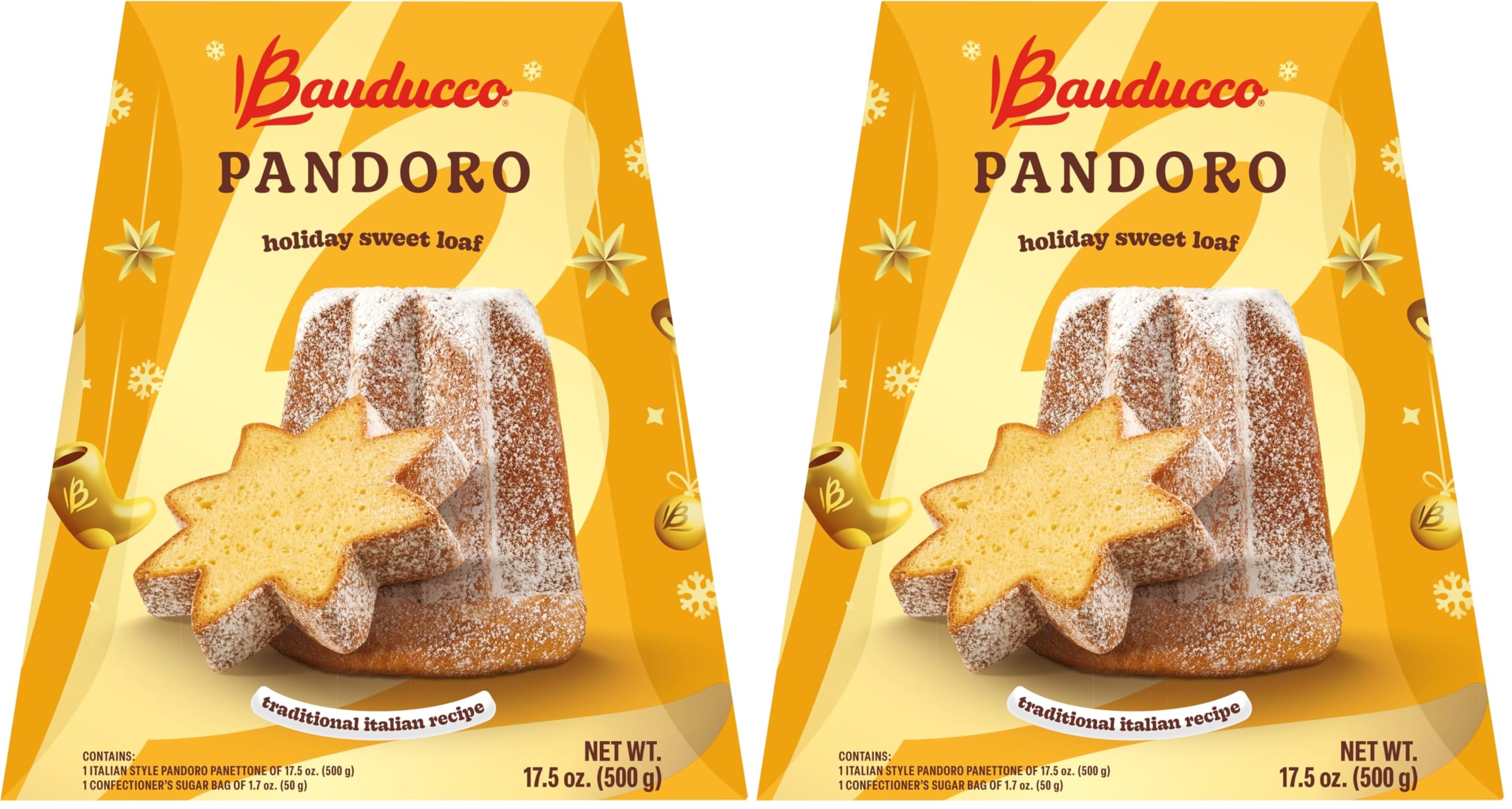 Bauducco Pandoro - Light and Moist Specialty Cake, No Candied Fruits, Ideal for Dessert - 17.5 oz (Pack of 2)