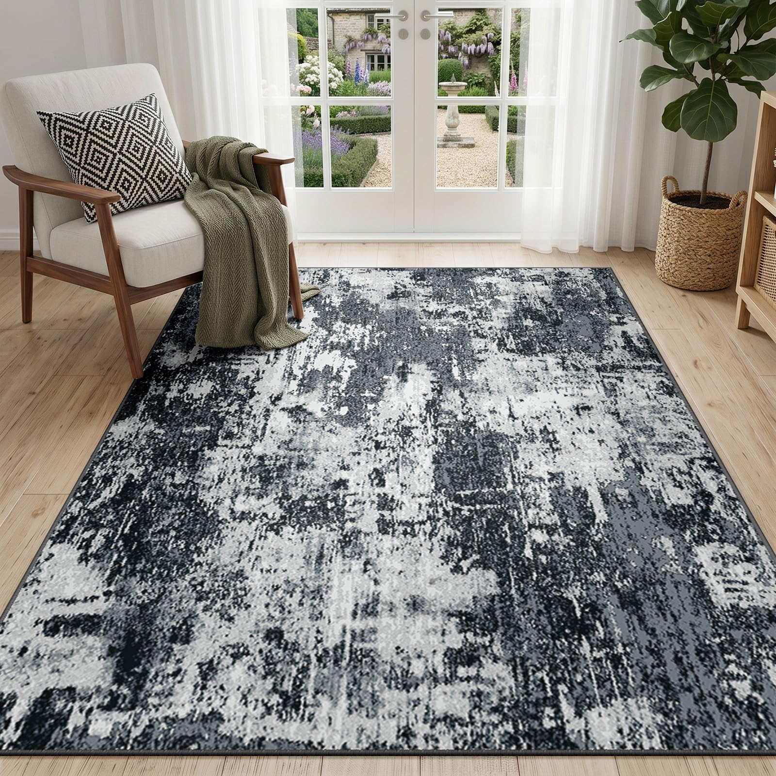 DEFYNEE Area Rugs Living Room 90x150 cm, Washable Rug for Bedroom, Black