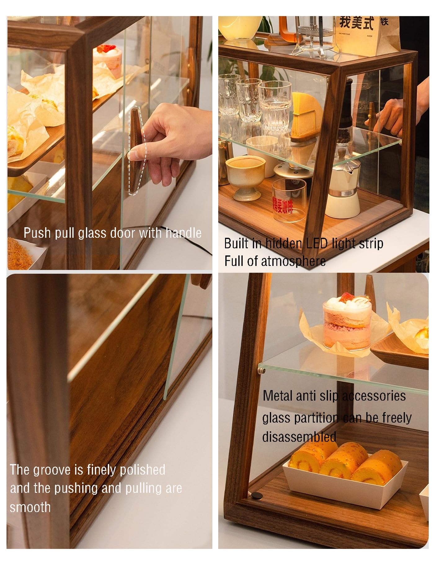 Vitrina de pastelería de 2 Niveles, de Cristal, 60 cm (23,6 Pulgadas), Trapezoidal, con iluminación LED y Mueble de Madera. Ideal para Pasteles, Donuts y Uso Comercial.