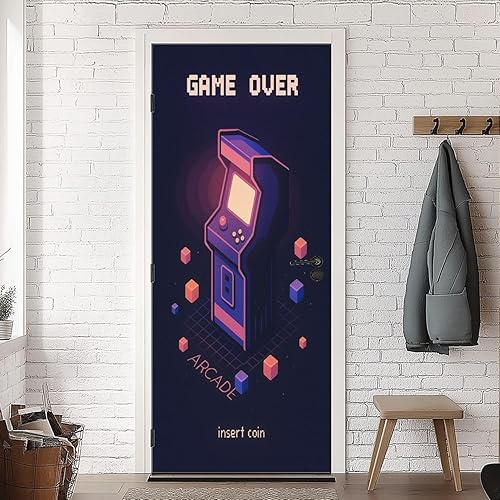 Adhesivo para puerta, máquina de juego isométrica, diseño de arcade, diseño retro, tecnología de los años 80 y 90, mural, autoadhesivo, despegar y