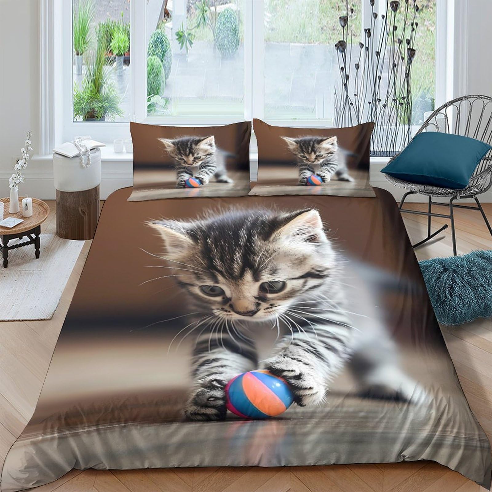 Ctjqhvkz Style-9 3D Printed Playful Kitten Fitted Sheet Microfiber Soft Brown Cat With Ball Mattress Cover For Bedroom Guest Room Dorm Decor Single（135X200cm）