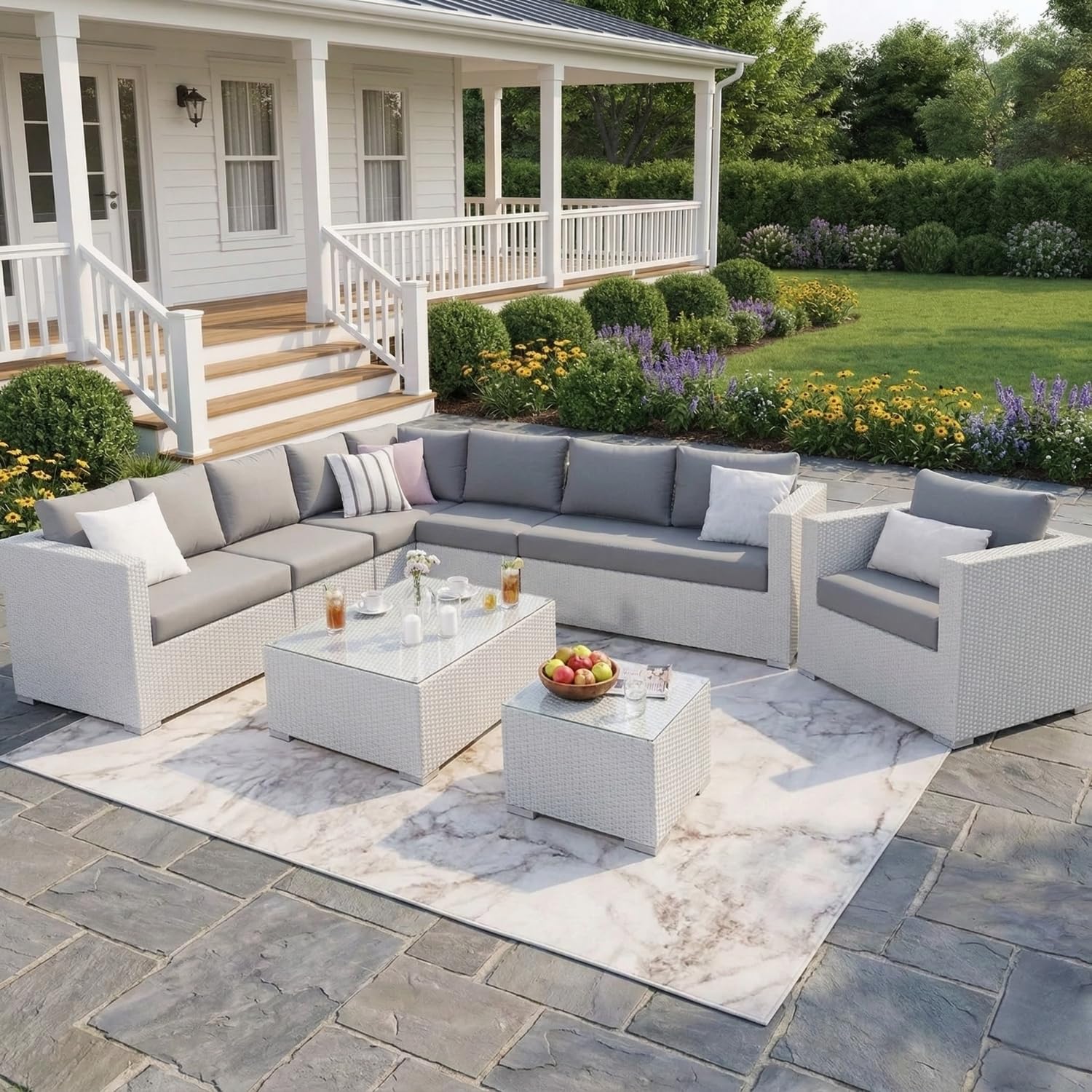 DEVOKO 7-Piece L-Shaped Outdoor Sectional Sofa Set Manual Wicker Weaving, White Sofa & Grey Cushions, Ideal for Porch, Lawn, Garden, Backyard-image-41